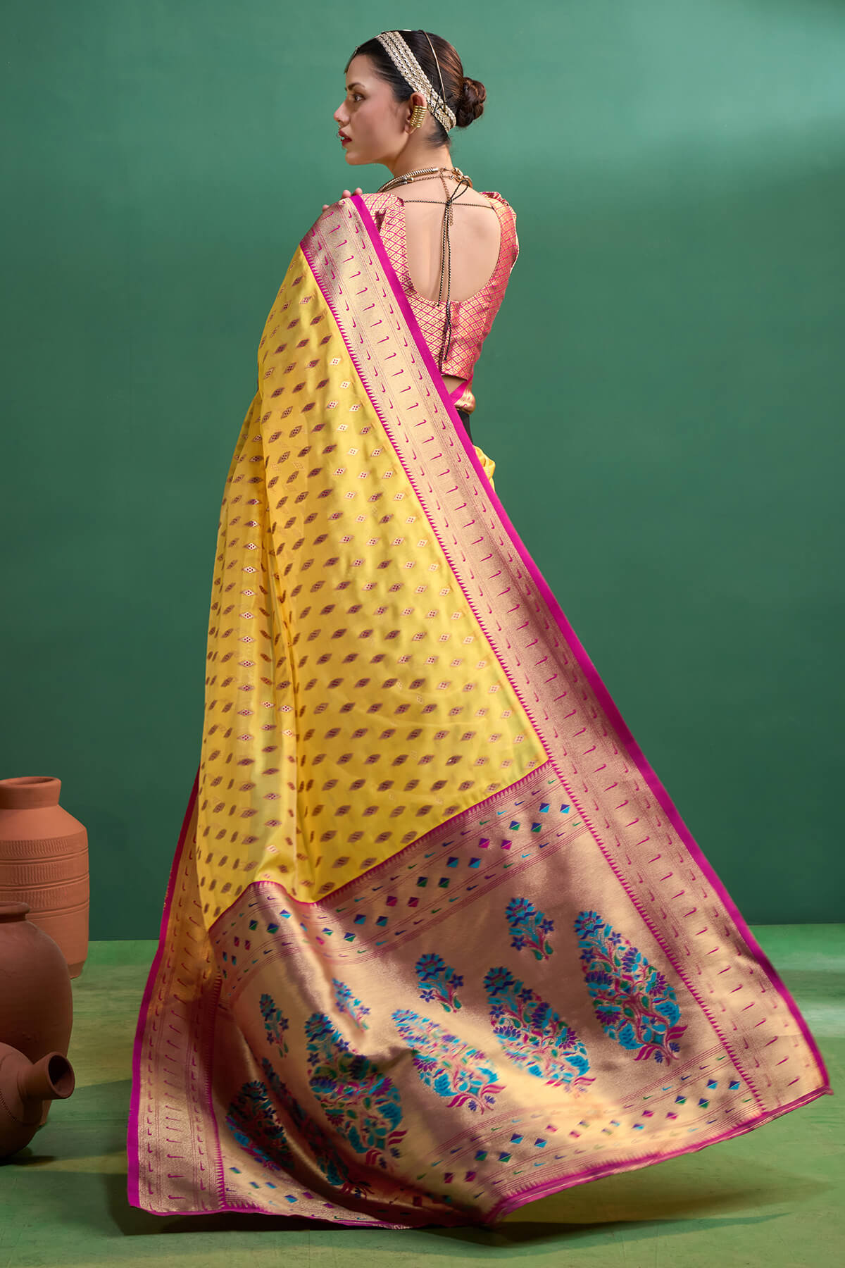 Evanescent Yellow Organza Paithani Silk Saree With Ephemeral Blouse Piece