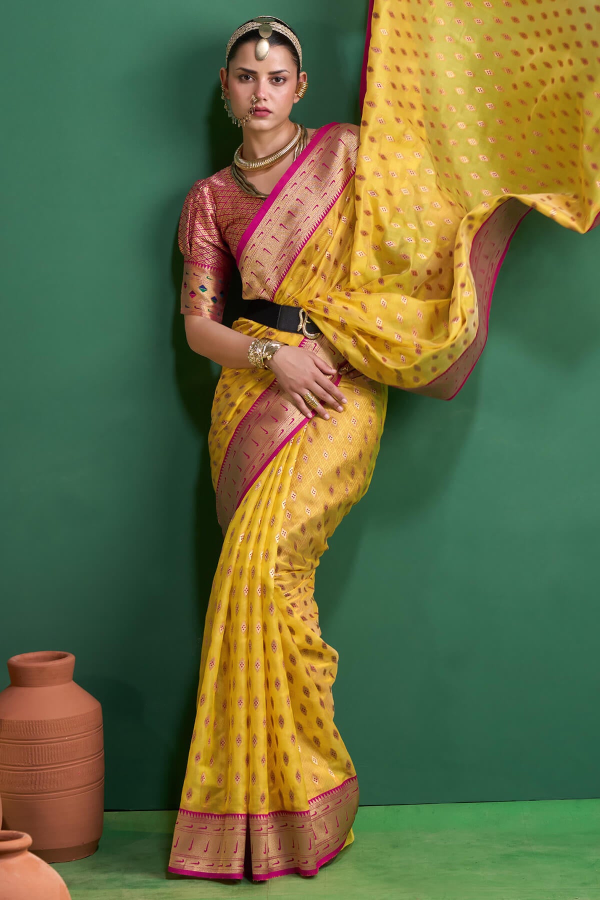 Evanescent Yellow Organza Paithani Silk Saree With Ephemeral Blouse Piece