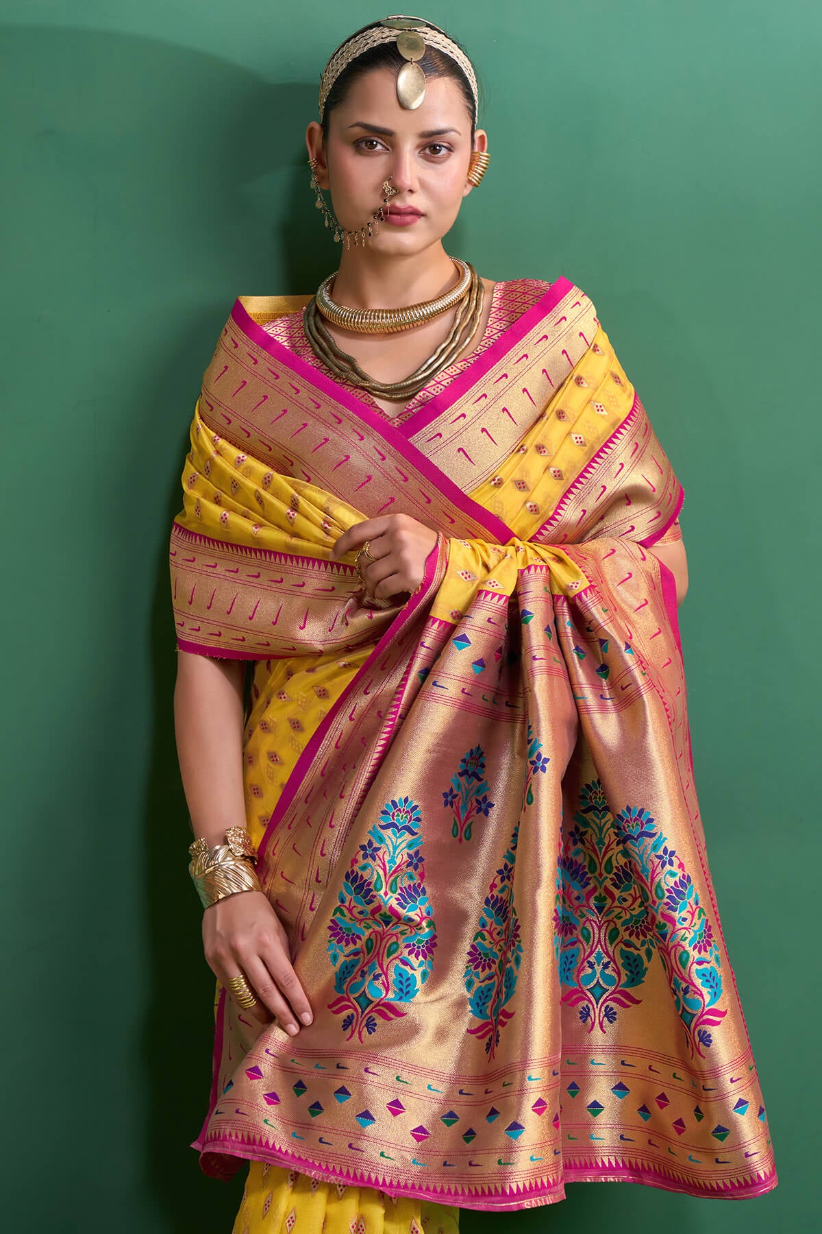 Evanescent Yellow Organza Paithani Silk Saree With Ephemeral Blouse Piece