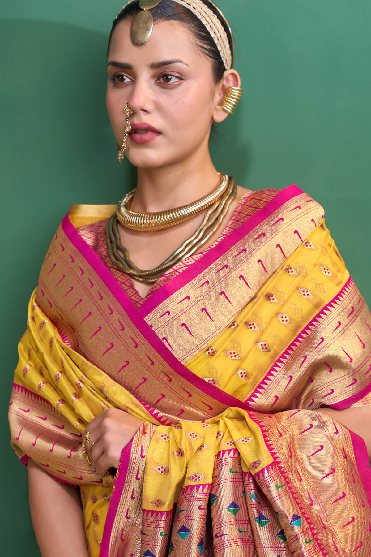 Evanescent Yellow Organza Paithani Silk Saree With Ephemeral Blouse Piece