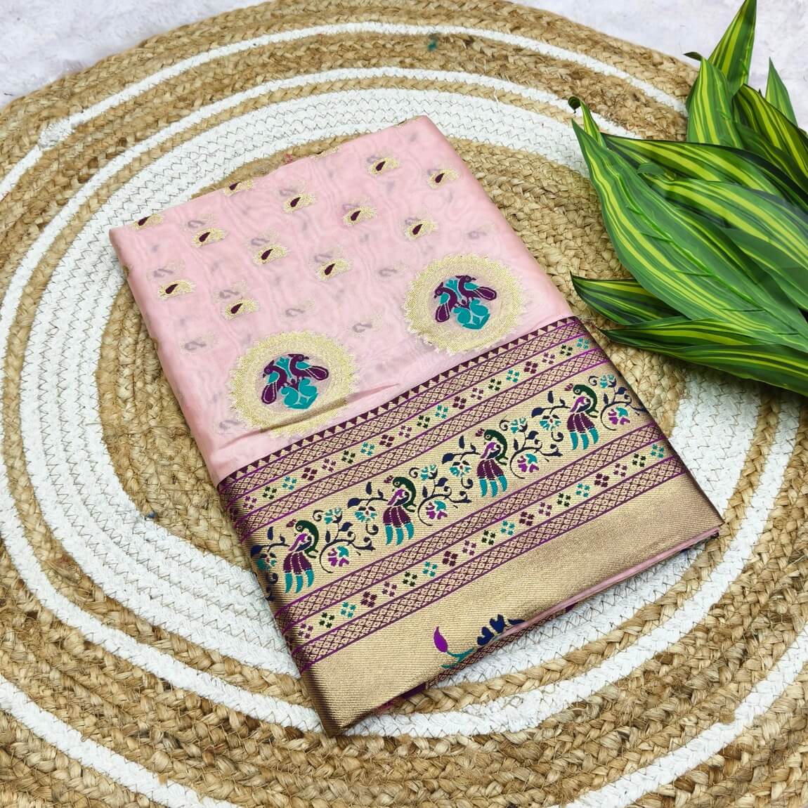 Stylish Baby Pink Organza Paithani Silk Saree With Piquant Blouse Piece