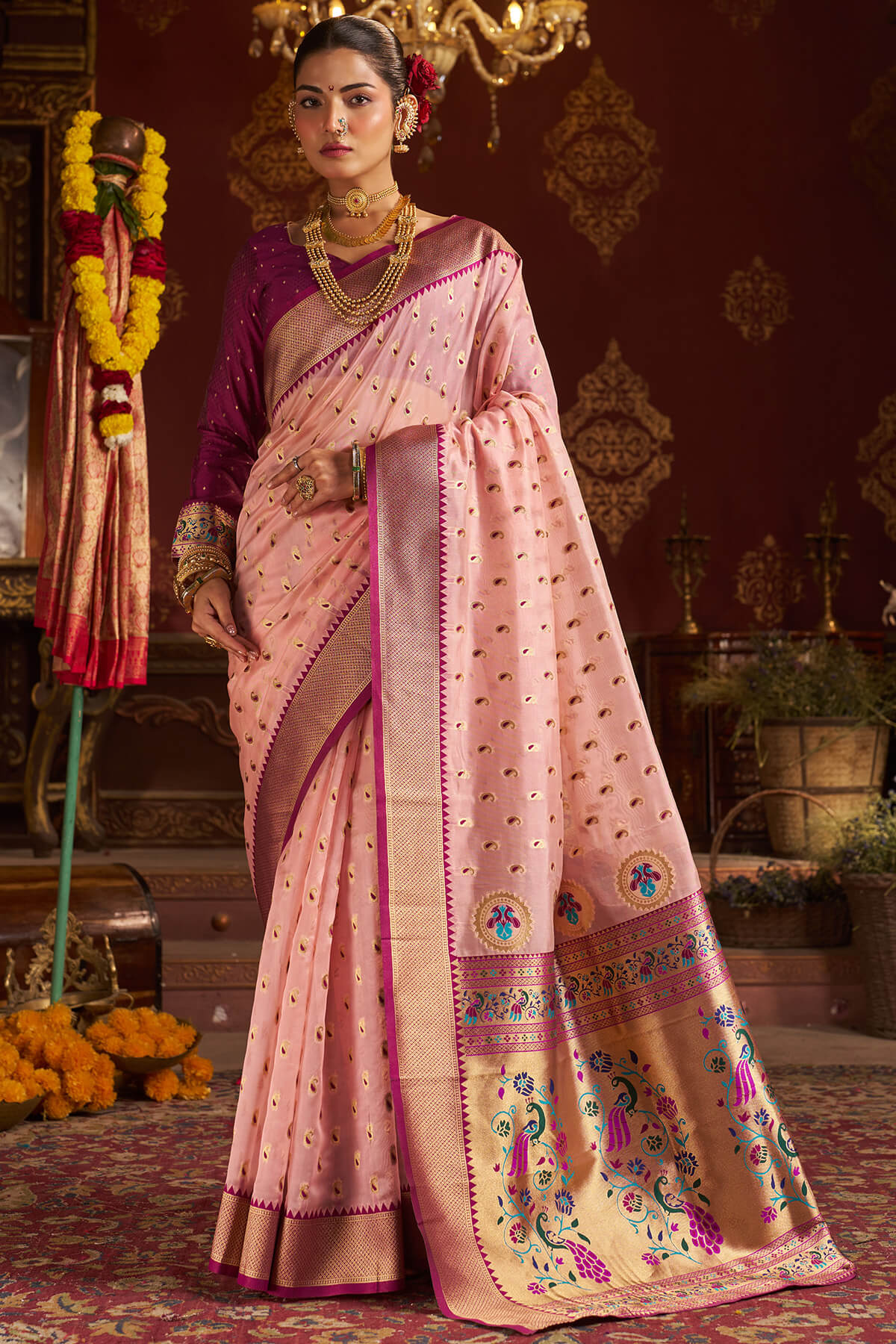 Stylish Baby Pink Organza Paithani Silk Saree With Piquant Blouse Piece