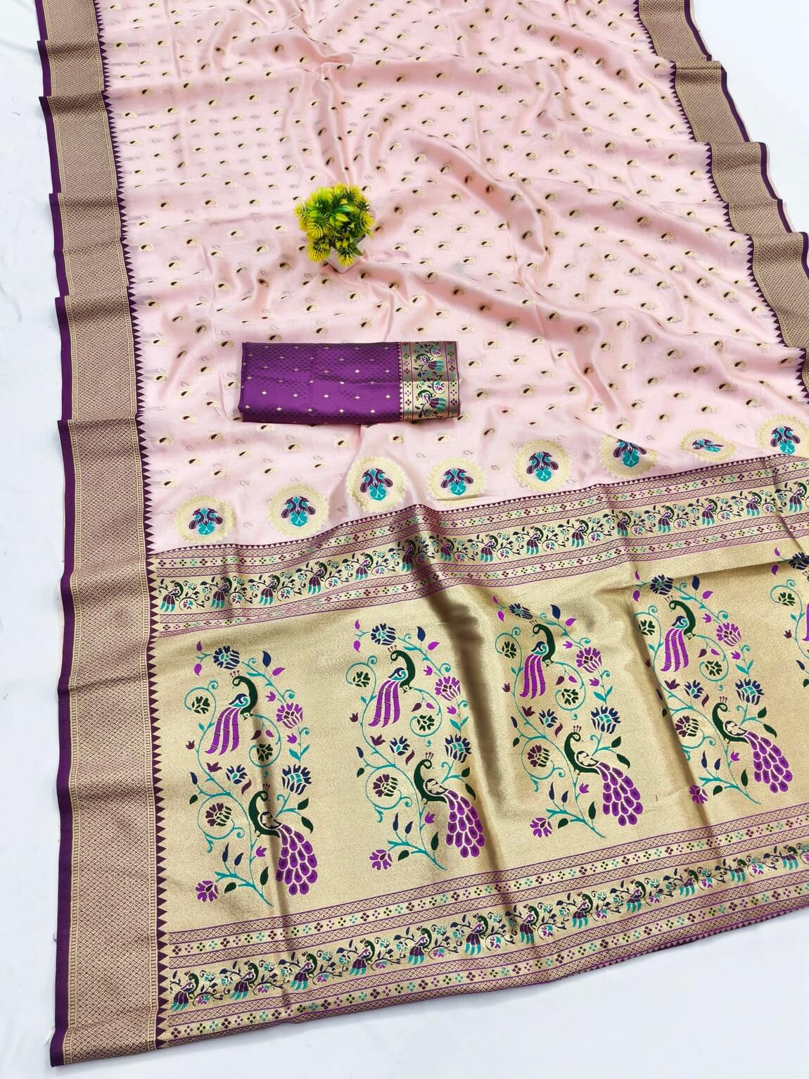 Stylish Baby Pink Organza Paithani Silk Saree With Piquant Blouse Piece