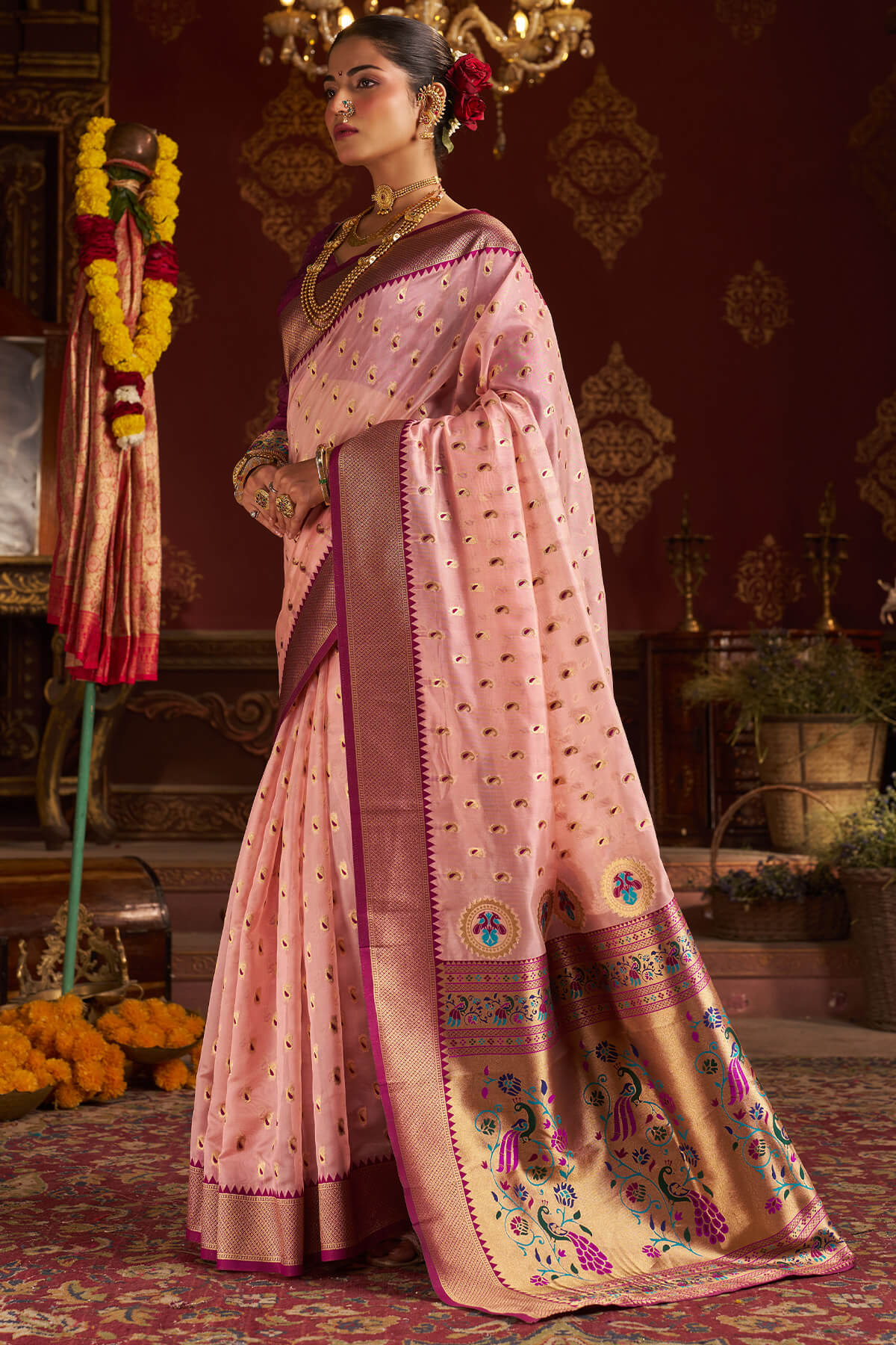 Stylish Baby Pink Organza Paithani Silk Saree With Piquant Blouse Piece