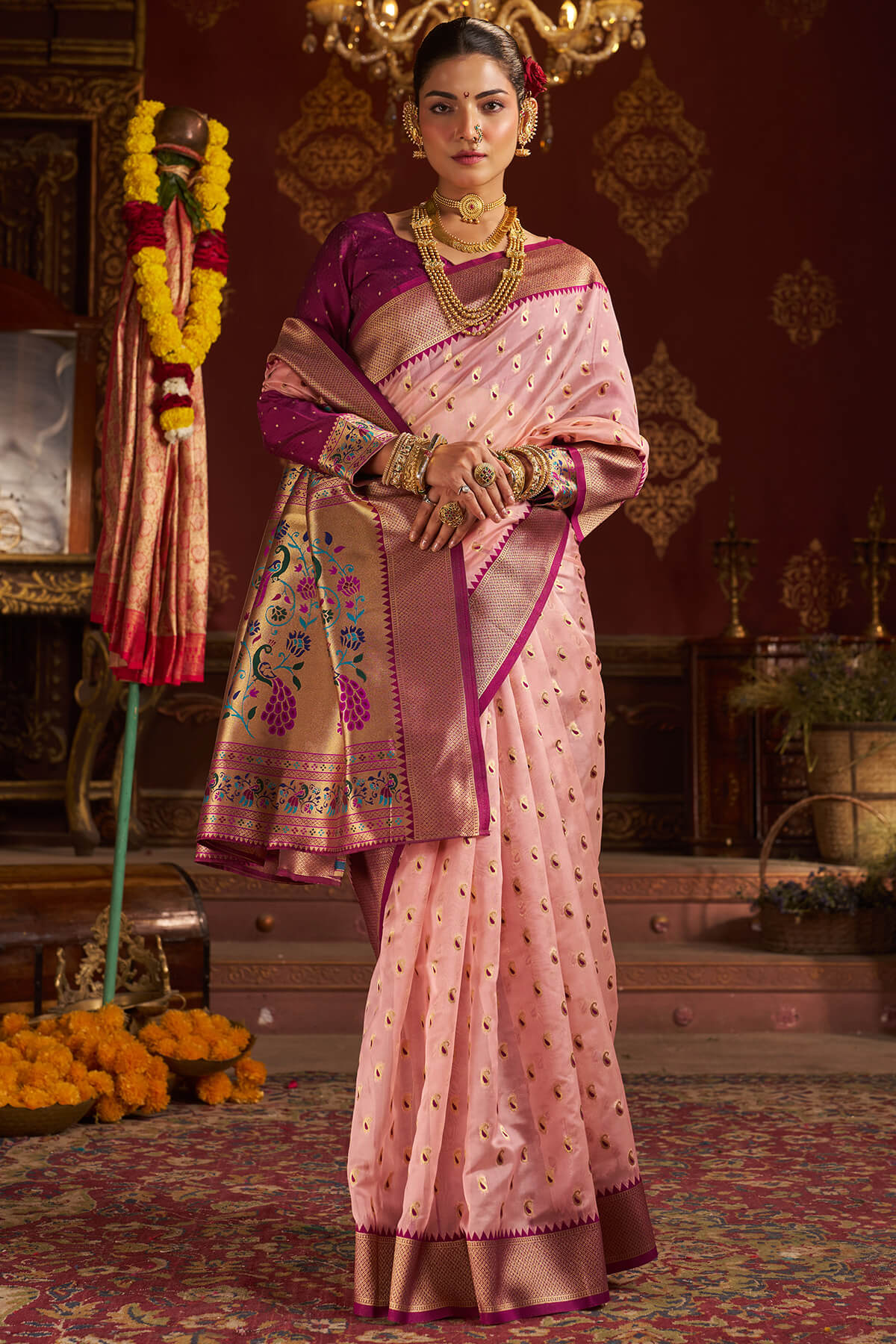 Stylish Baby Pink Organza Paithani Silk Saree With Piquant Blouse Piece