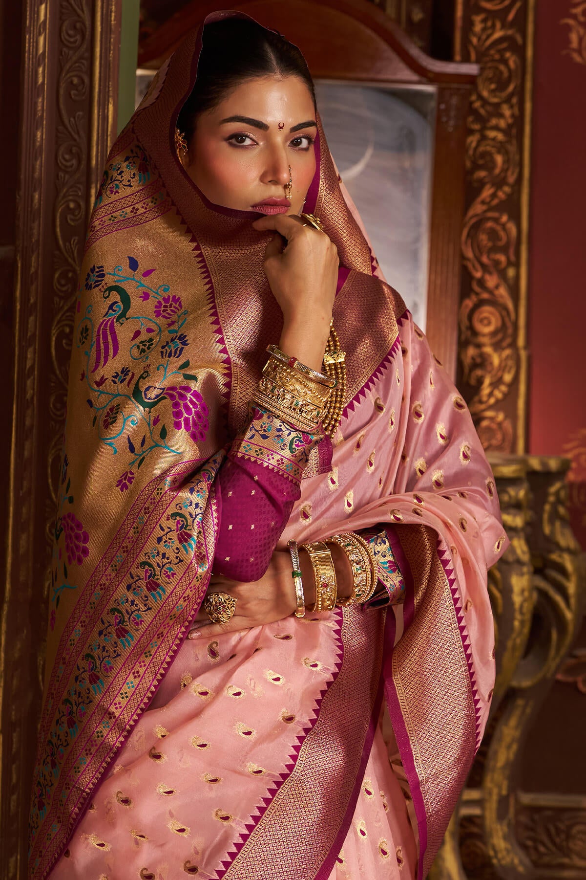 Stylish Baby Pink Organza Paithani Silk Saree With Piquant Blouse Piece