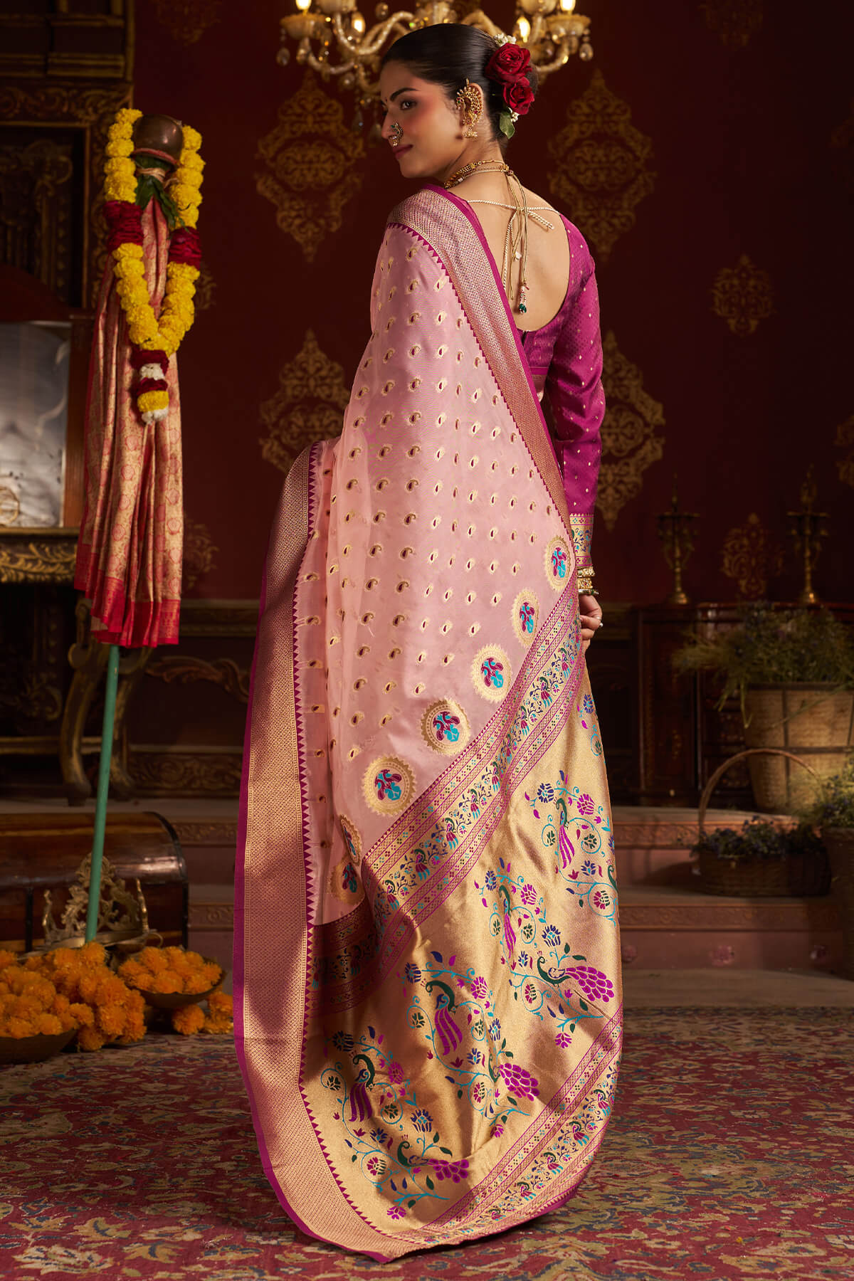 Stylish Baby Pink Organza Paithani Silk Saree With Piquant Blouse Piece