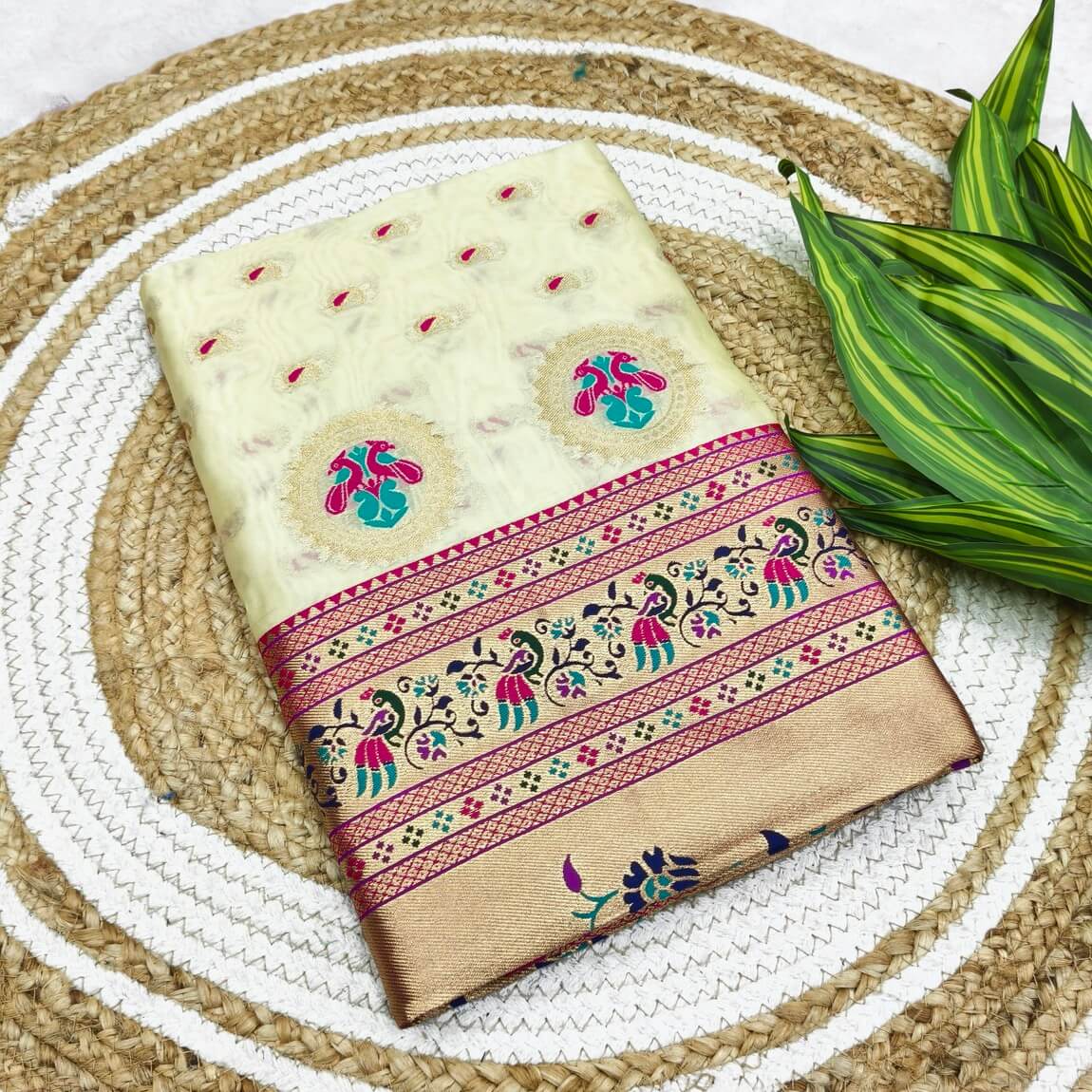 Rhapsody Beige Organza Paithani Silk Saree With Enchanting Blouse Piece