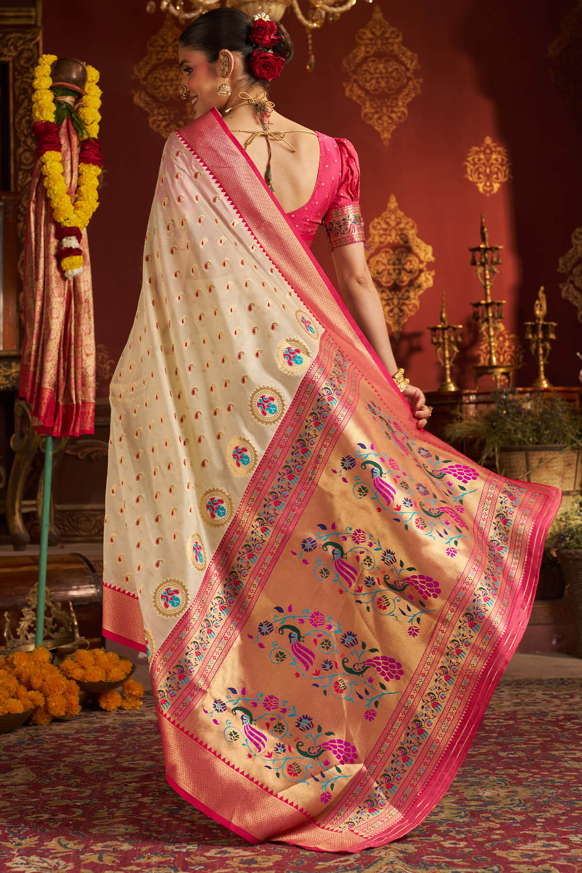 Rhapsody Beige Organza Paithani Silk Saree With Enchanting Blouse Piece