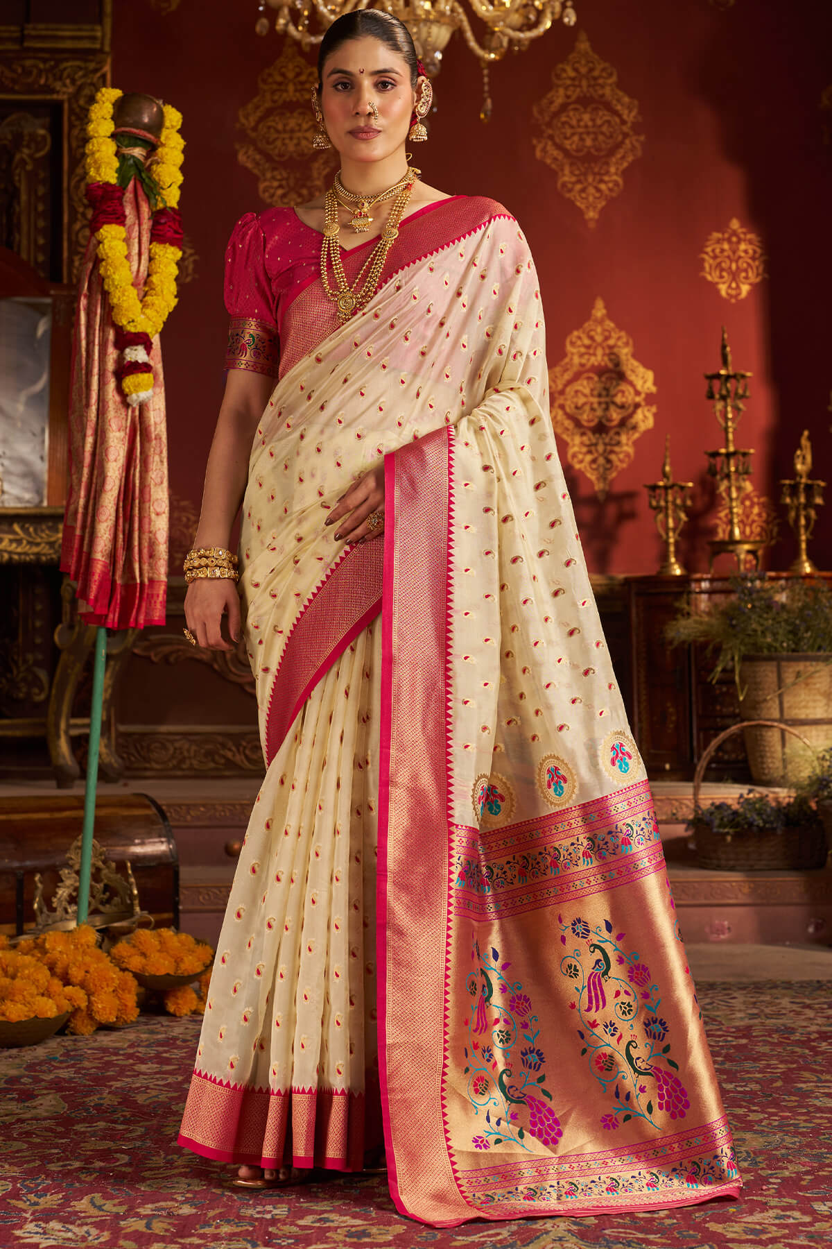 Rhapsody Beige Organza Paithani Silk Saree With Enchanting Blouse Piece