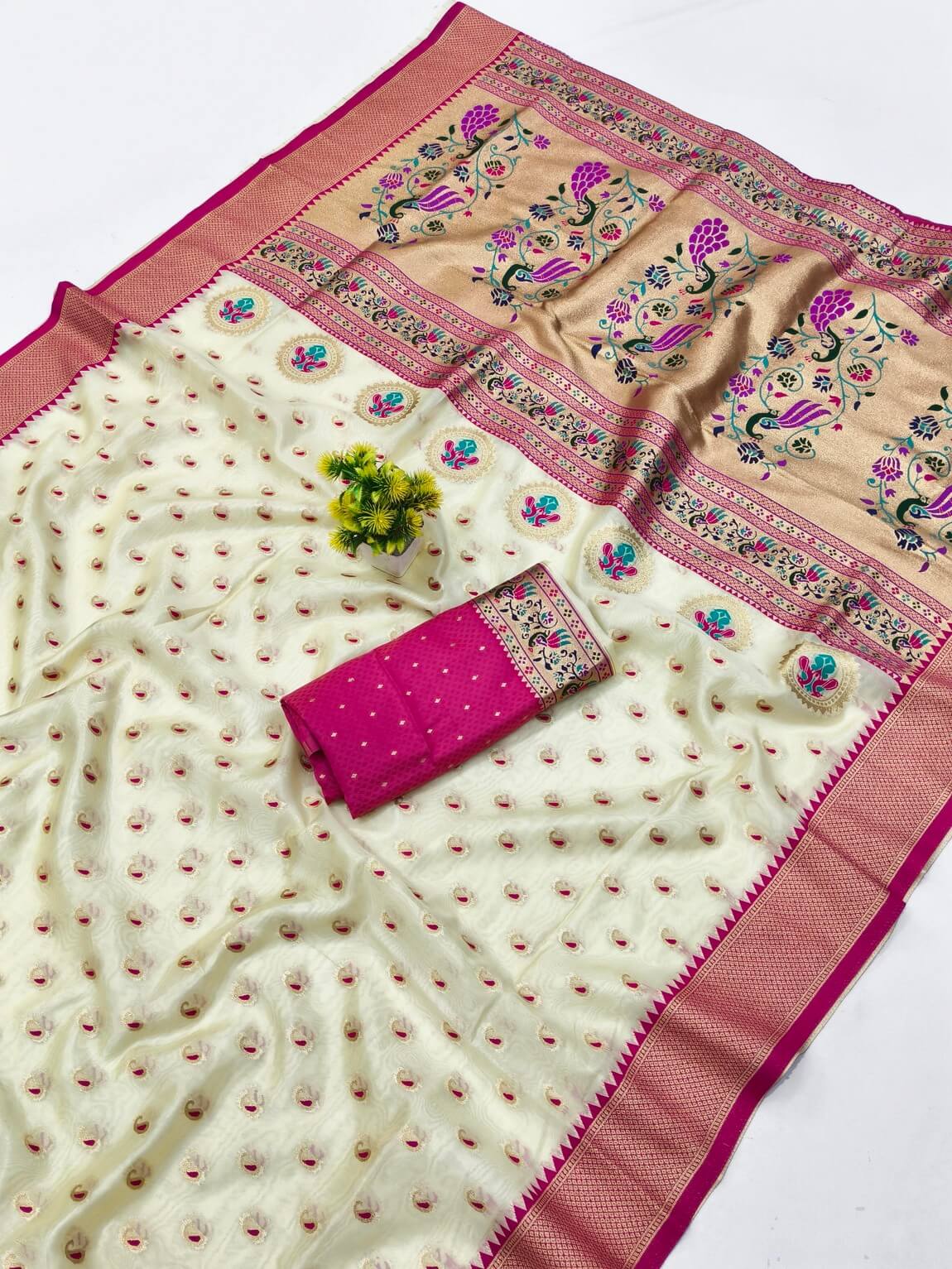Rhapsody Beige Organza Paithani Silk Saree With Enchanting Blouse Piece