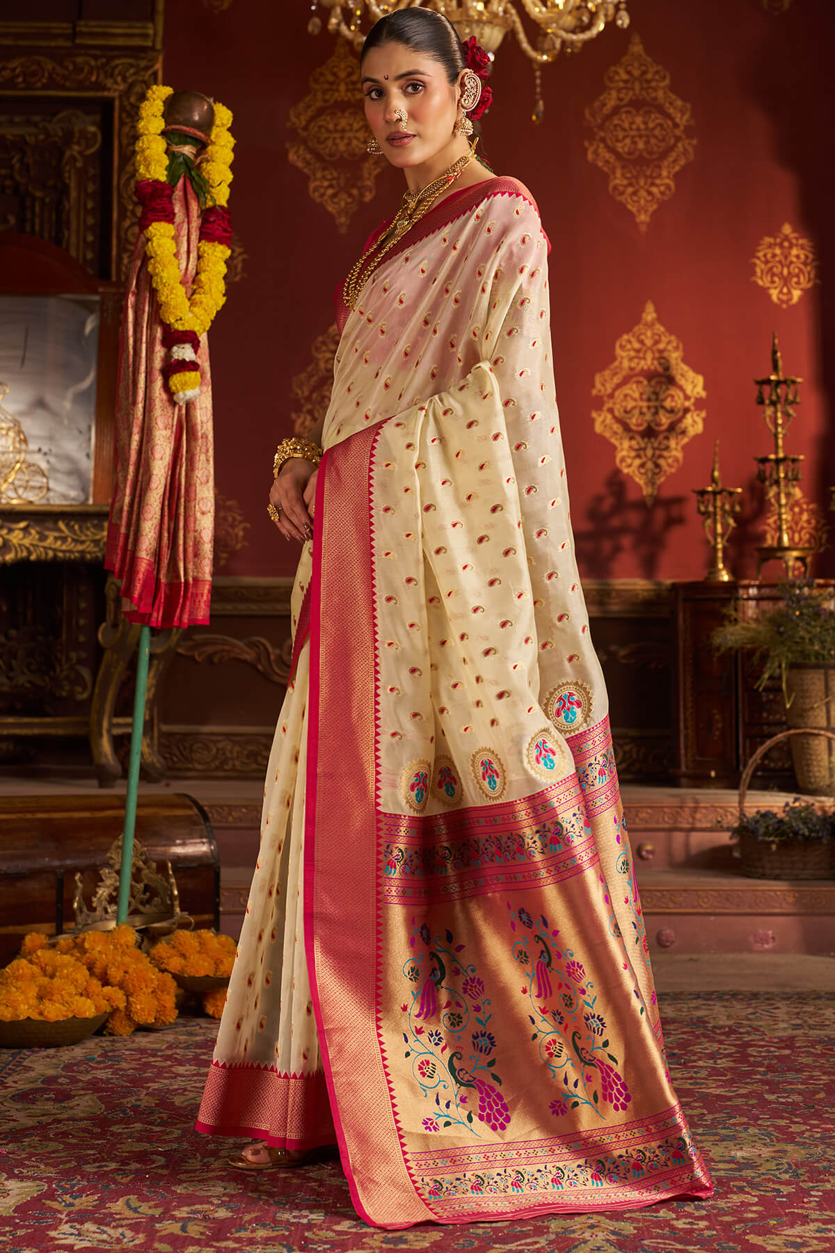 Rhapsody Beige Organza Paithani Silk Saree With Enchanting Blouse Piece