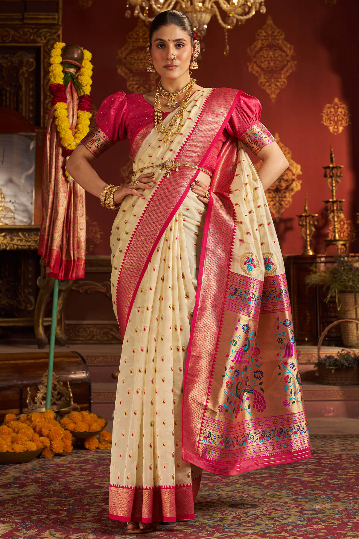 Rhapsody Beige Organza Paithani Silk Saree With Enchanting Blouse Piece