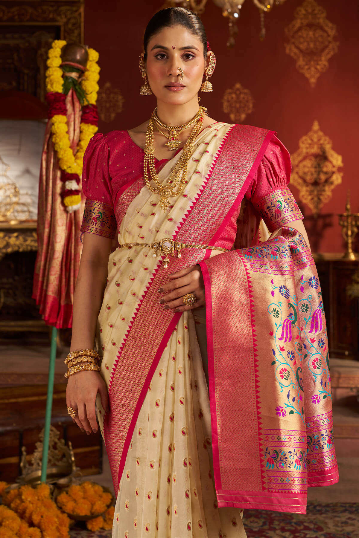 Rhapsody Beige Organza Paithani Silk Saree With Enchanting Blouse Piece