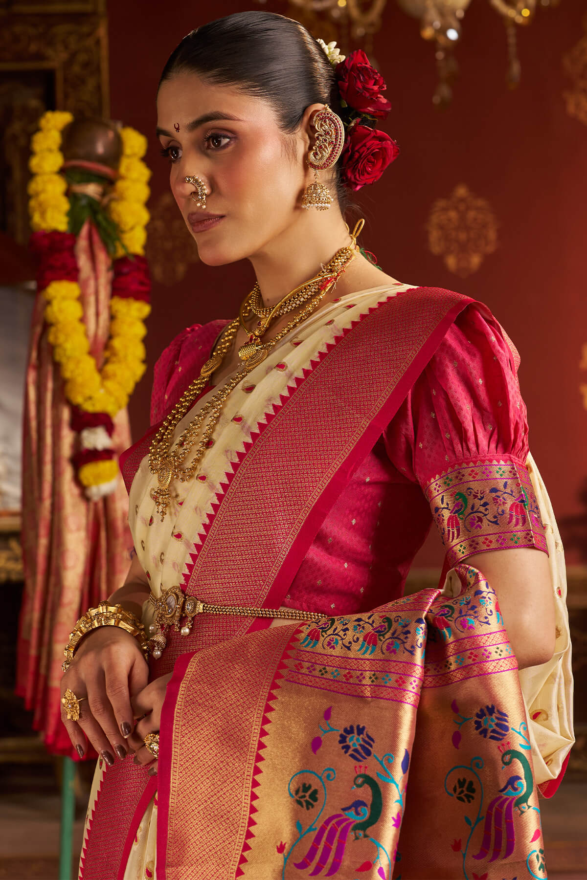 Rhapsody Beige Organza Paithani Silk Saree With Enchanting Blouse Piece