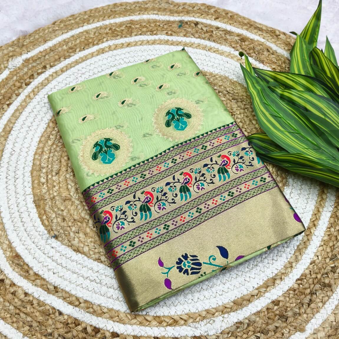 Excellent Pista Organza Paithani Silk Saree With Exceptional Blouse Piece