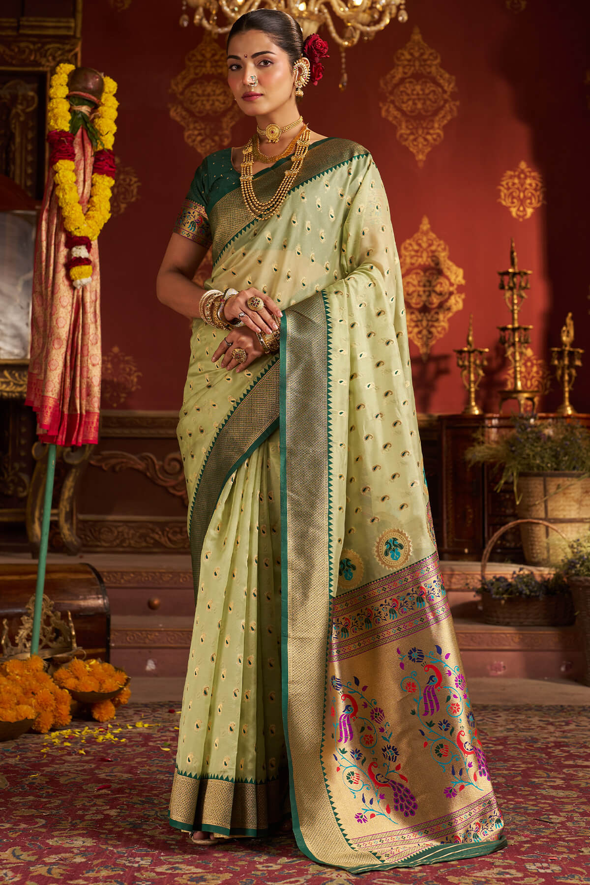 Excellent Pista Organza Paithani Silk Saree With Exceptional Blouse Piece