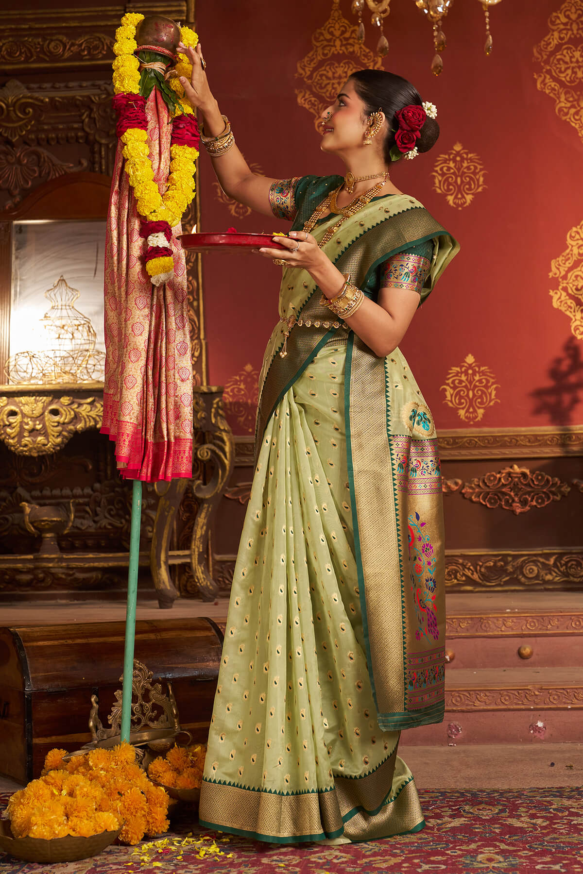Excellent Pista Organza Paithani Silk Saree With Exceptional Blouse Piece