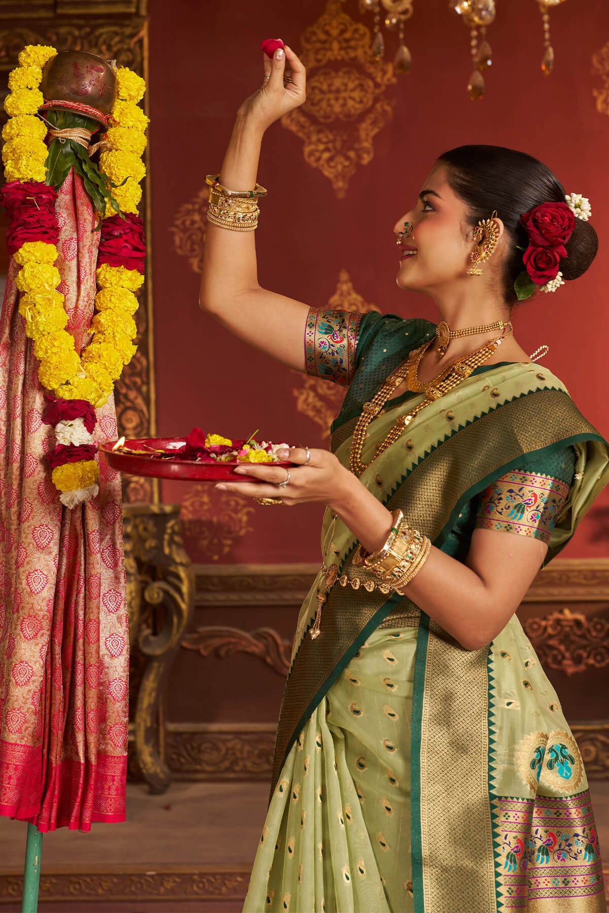 Excellent Pista Organza Paithani Silk Saree With Exceptional Blouse Piece