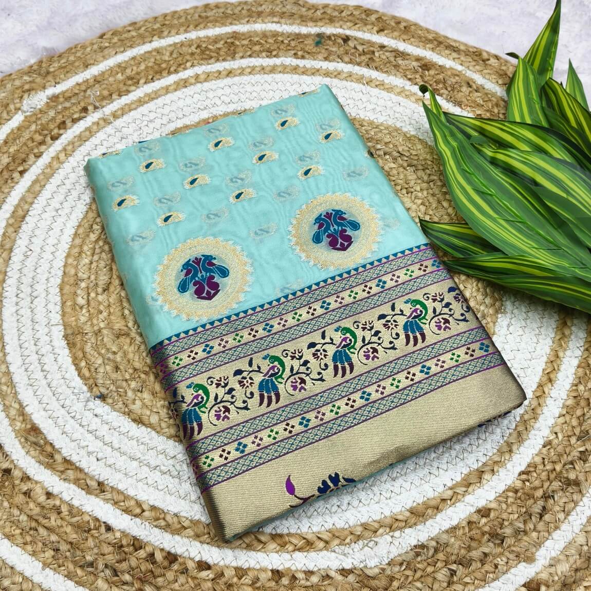 Invaluable Sky Organza Paithani Silk Saree With Chatoyant Blouse Piece