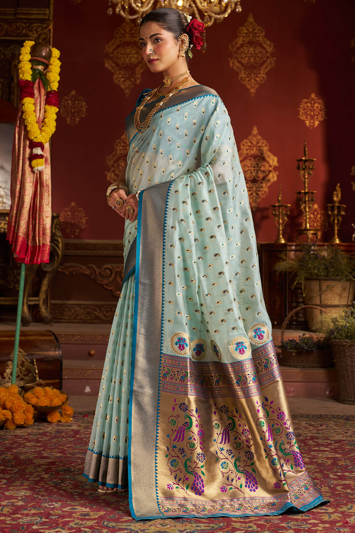 Invaluable Sky Organza Paithani Silk Saree With Chatoyant Blouse Piece