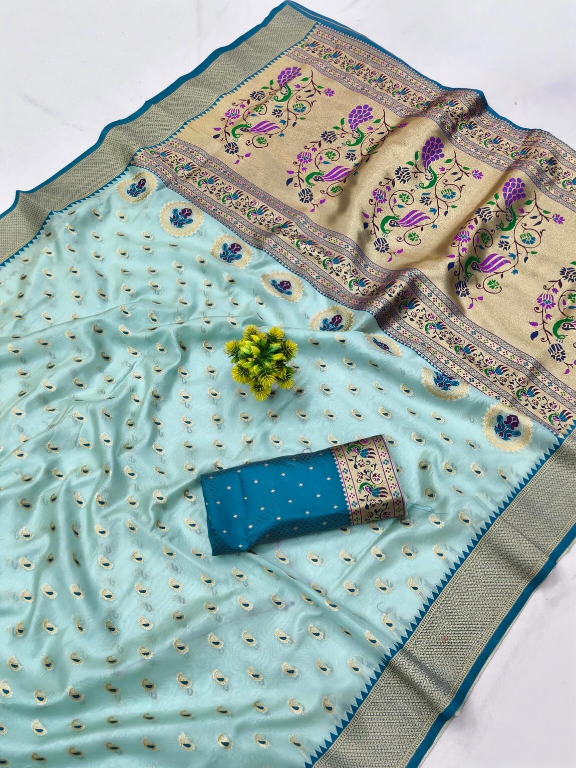 Invaluable Sky Organza Paithani Silk Saree With Chatoyant Blouse Piece