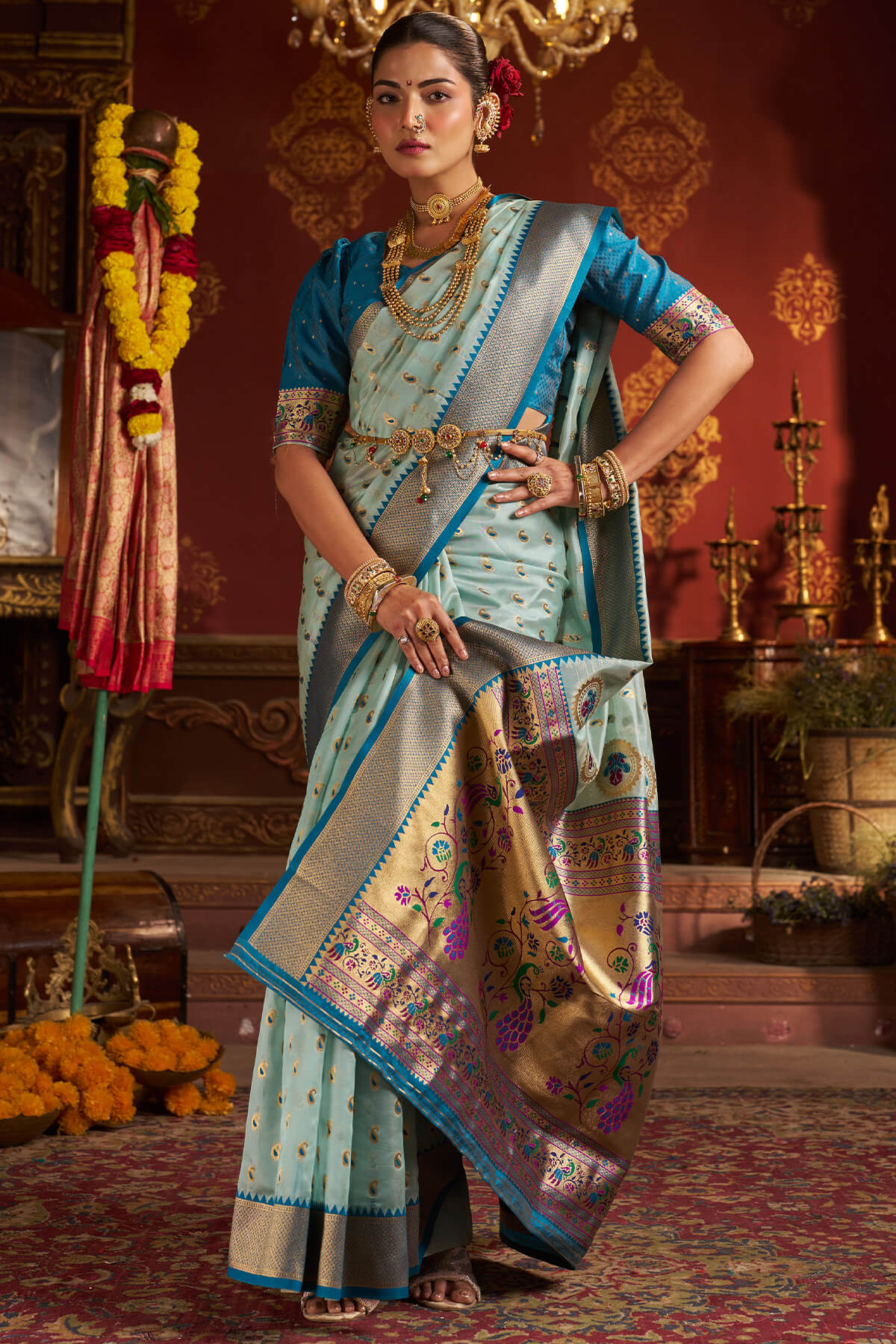 Invaluable Sky Organza Paithani Silk Saree With Chatoyant Blouse Piece
