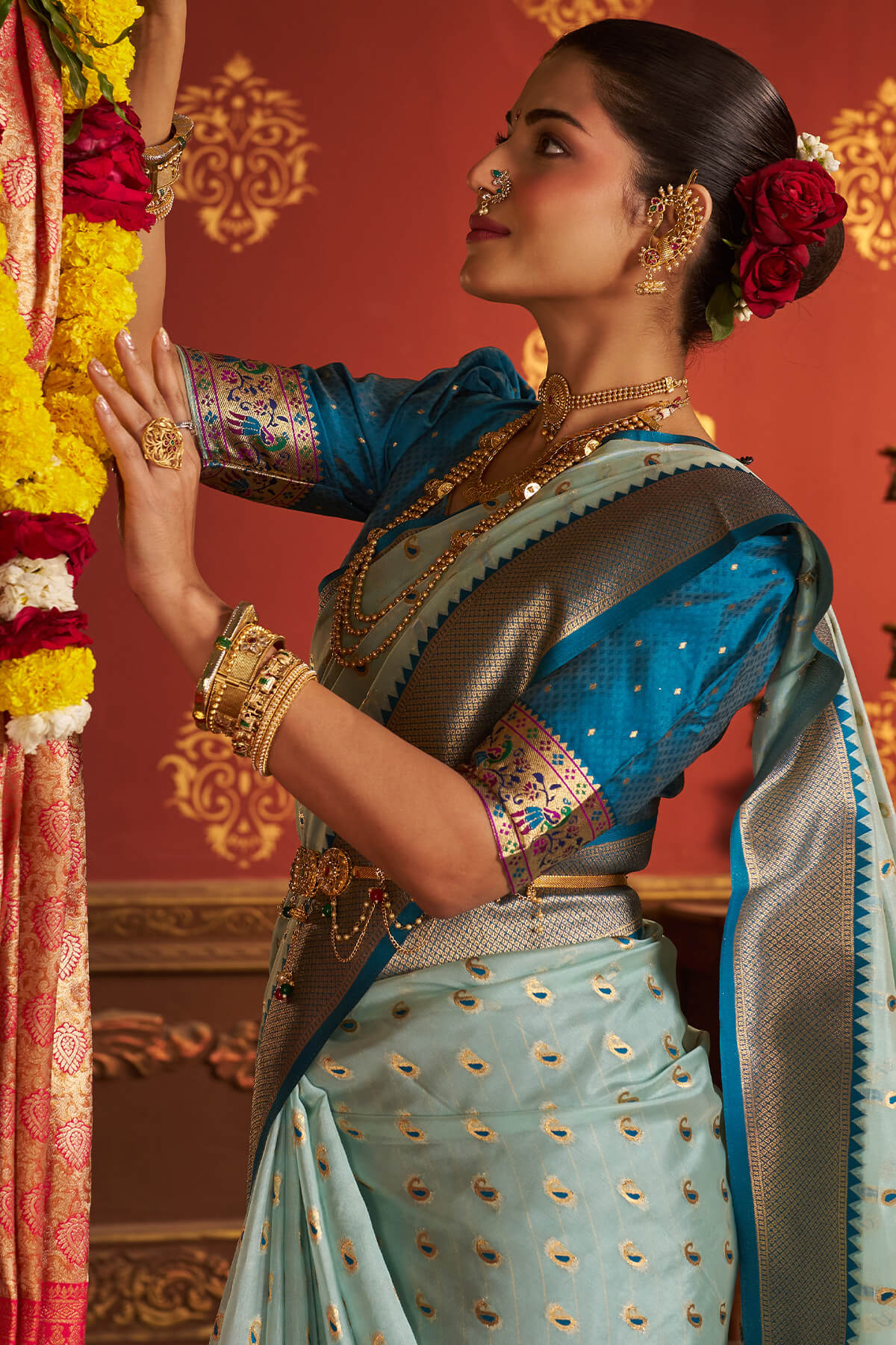 Invaluable Sky Organza Paithani Silk Saree With Chatoyant Blouse Piece