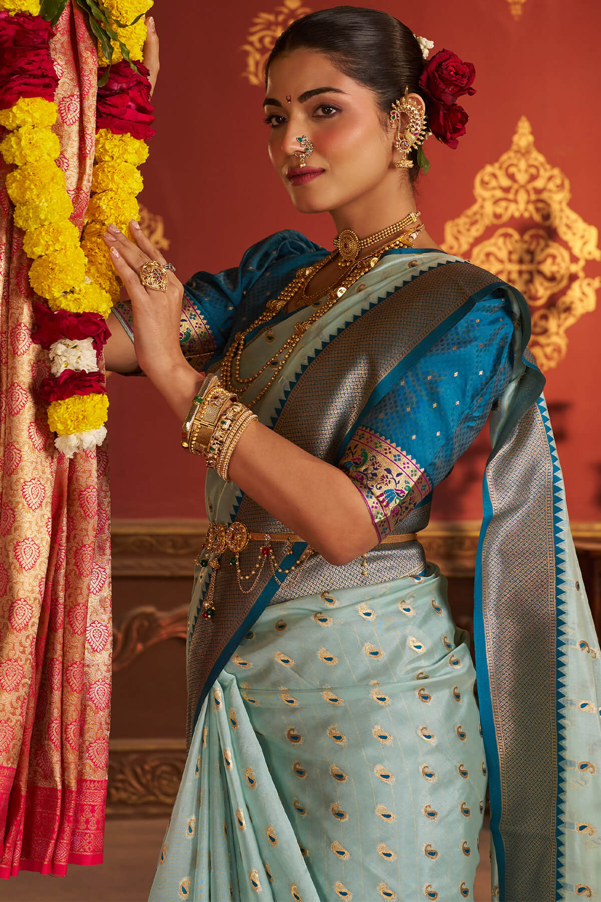 Invaluable Sky Organza Paithani Silk Saree With Chatoyant Blouse Piece