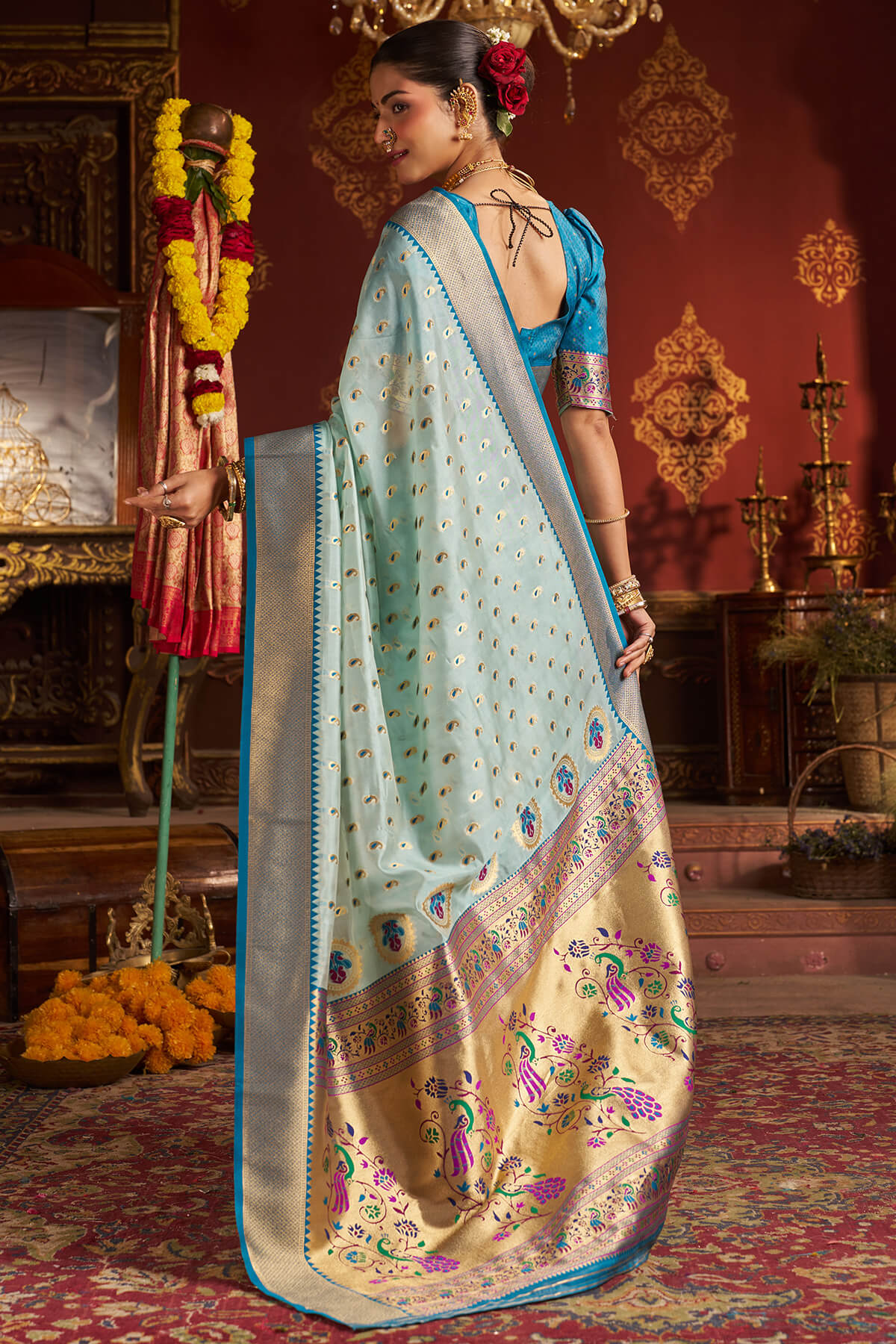 Invaluable Sky Organza Paithani Silk Saree With Chatoyant Blouse Piece