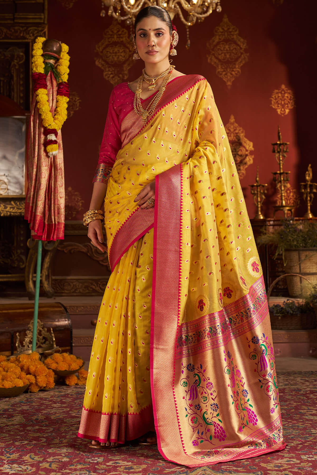 Surpassing Yellow Organza Paithani Silk Saree With Sensational Blouse Piece