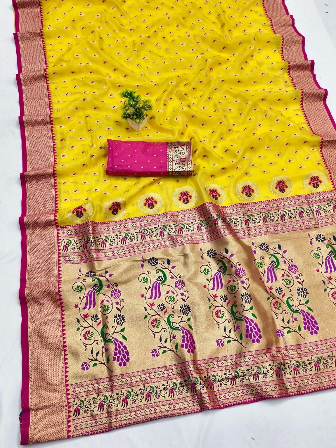 Surpassing Yellow Organza Paithani Silk Saree With Sensational Blouse Piece