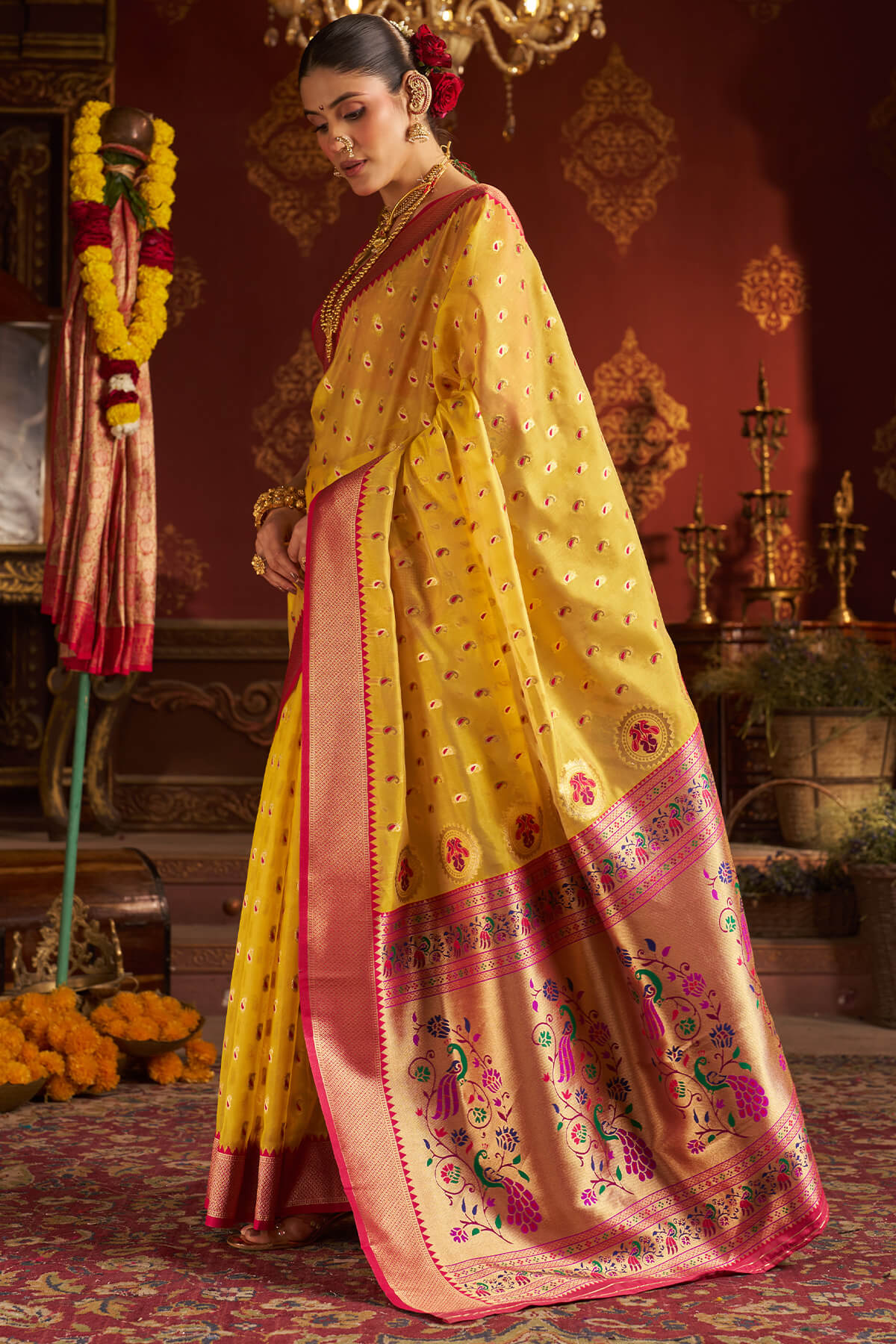 Surpassing Yellow Organza Paithani Silk Saree With Sensational Blouse Piece