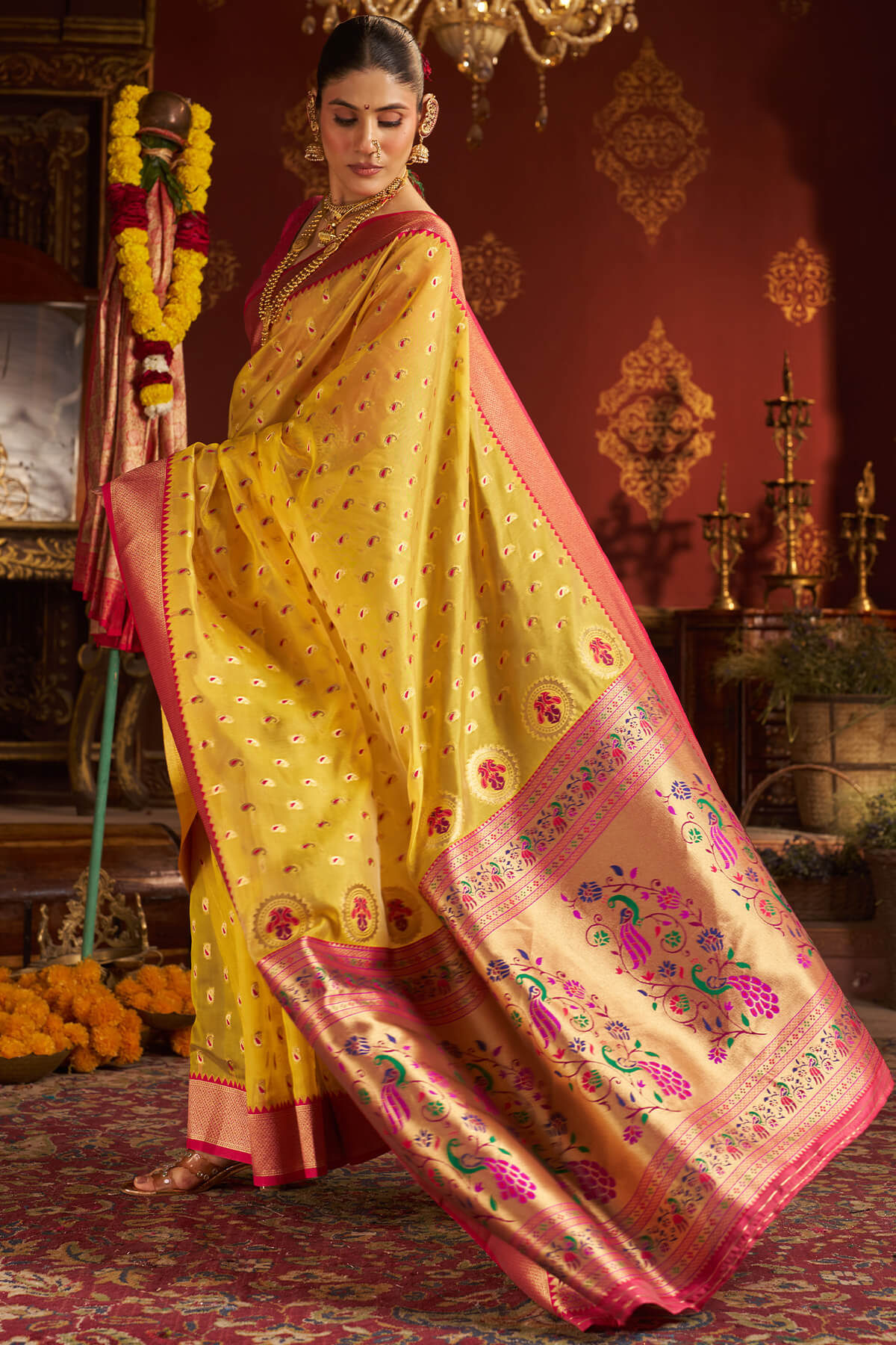 Surpassing Yellow Organza Paithani Silk Saree With Sensational Blouse Piece