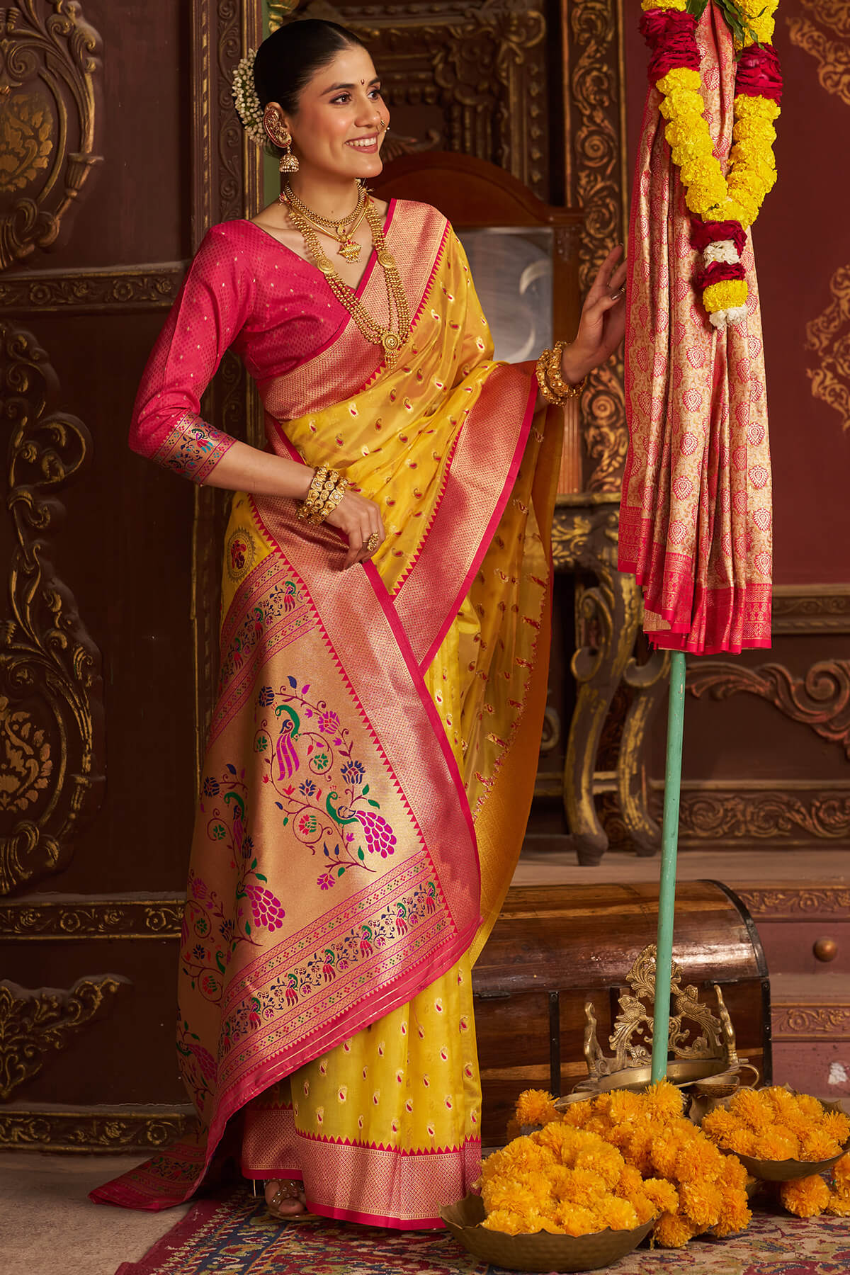 Surpassing Yellow Organza Paithani Silk Saree With Sensational Blouse Piece