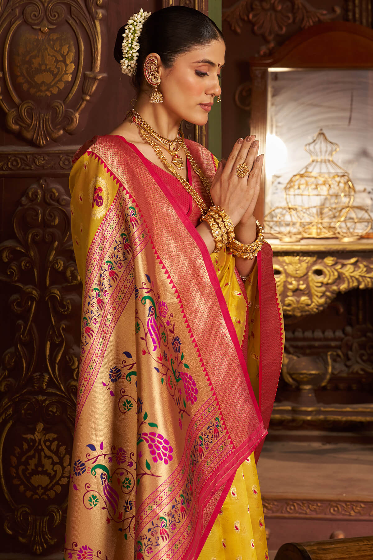 Surpassing Yellow Organza Paithani Silk Saree With Sensational Blouse Piece