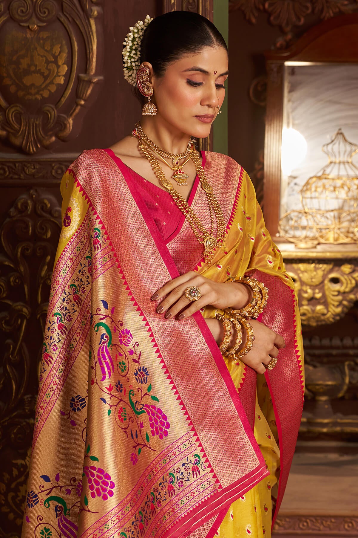 Surpassing Yellow Organza Paithani Silk Saree With Sensational Blouse Piece