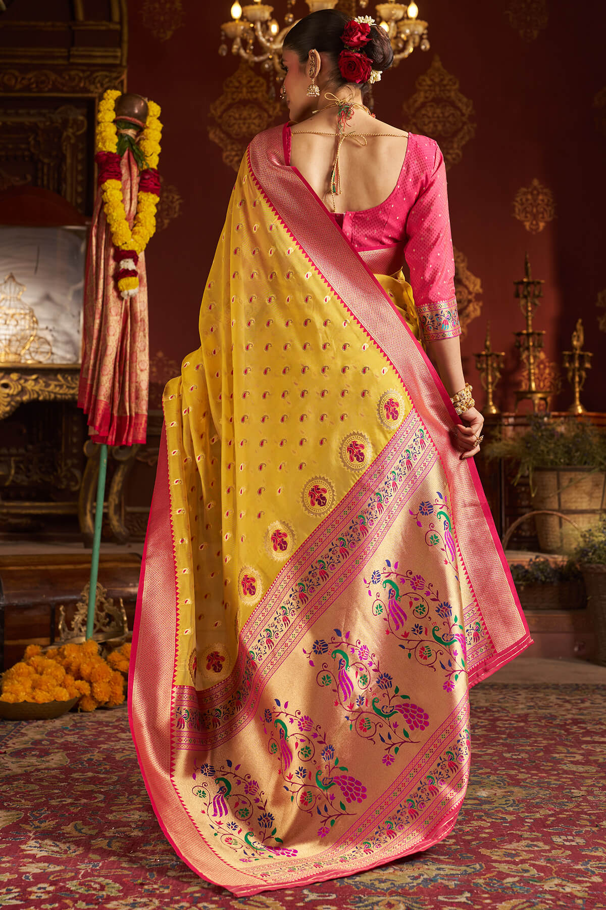 Surpassing Yellow Organza Paithani Silk Saree With Sensational Blouse Piece