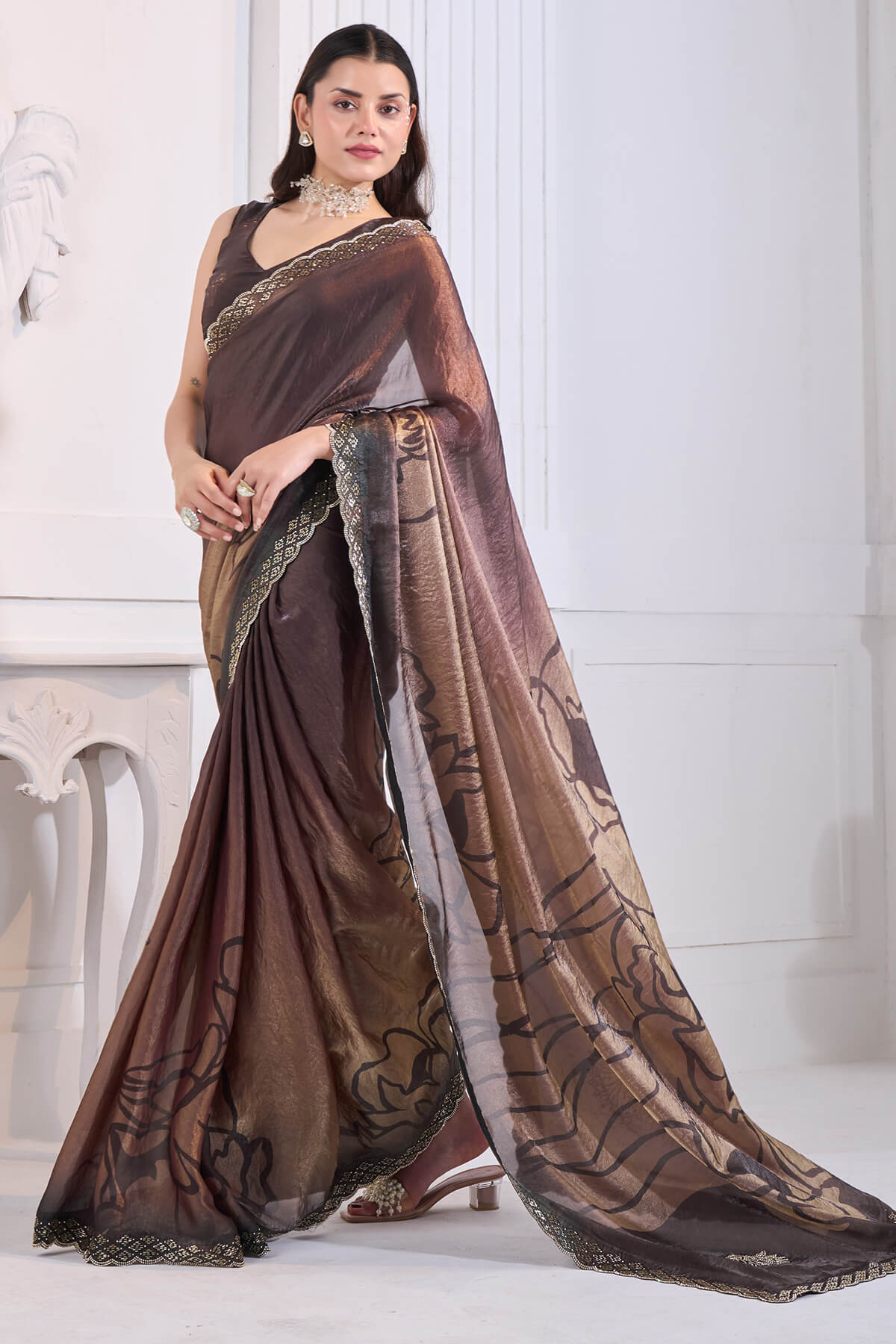 Snazzy Brown Jarkan Work Fandy Silk Saree