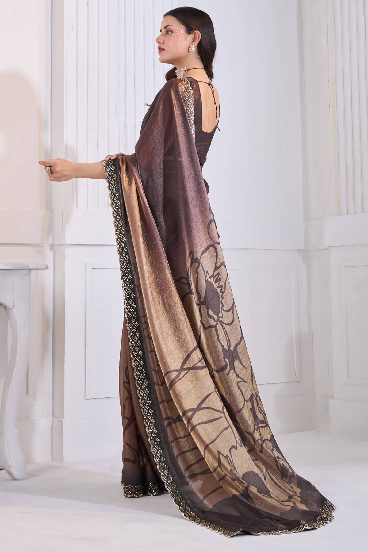 Snazzy Brown Jarkan Work Fandy Silk Saree