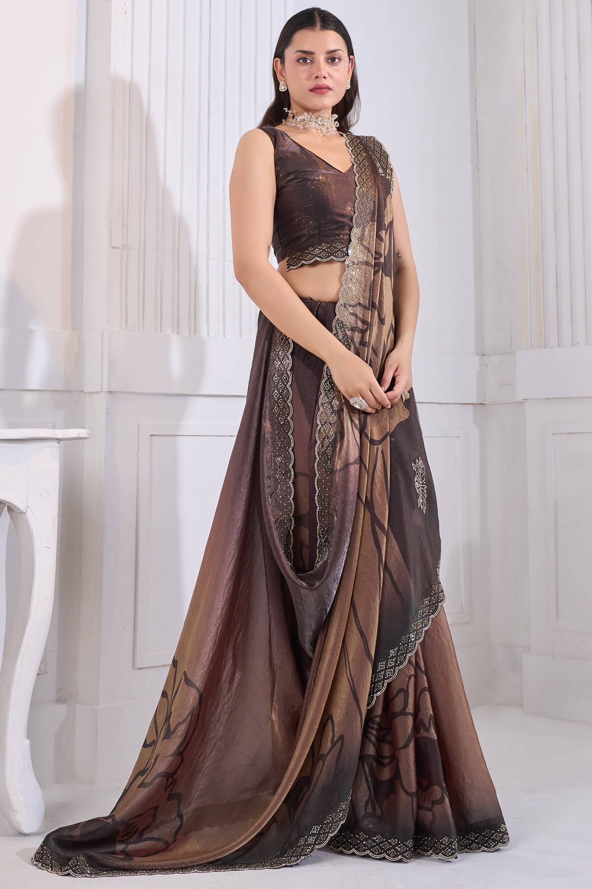 Snazzy Brown Jarkan Work Fandy Silk Saree