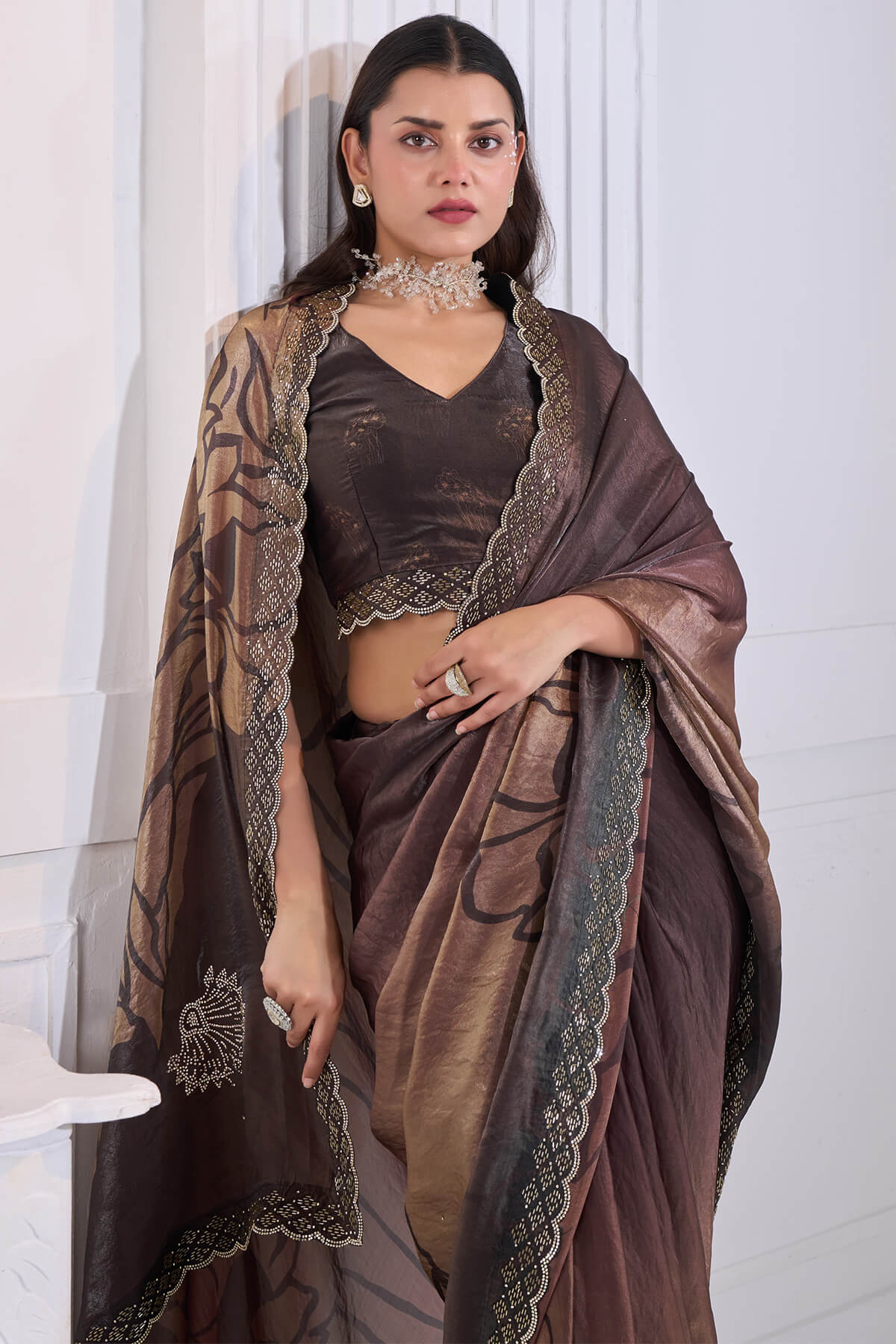 Snazzy Brown Jarkan Work Fandy Silk Saree