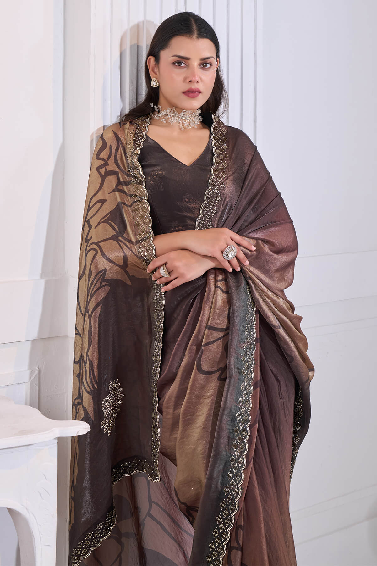 Snazzy Brown Jarkan Work Fandy Silk Saree