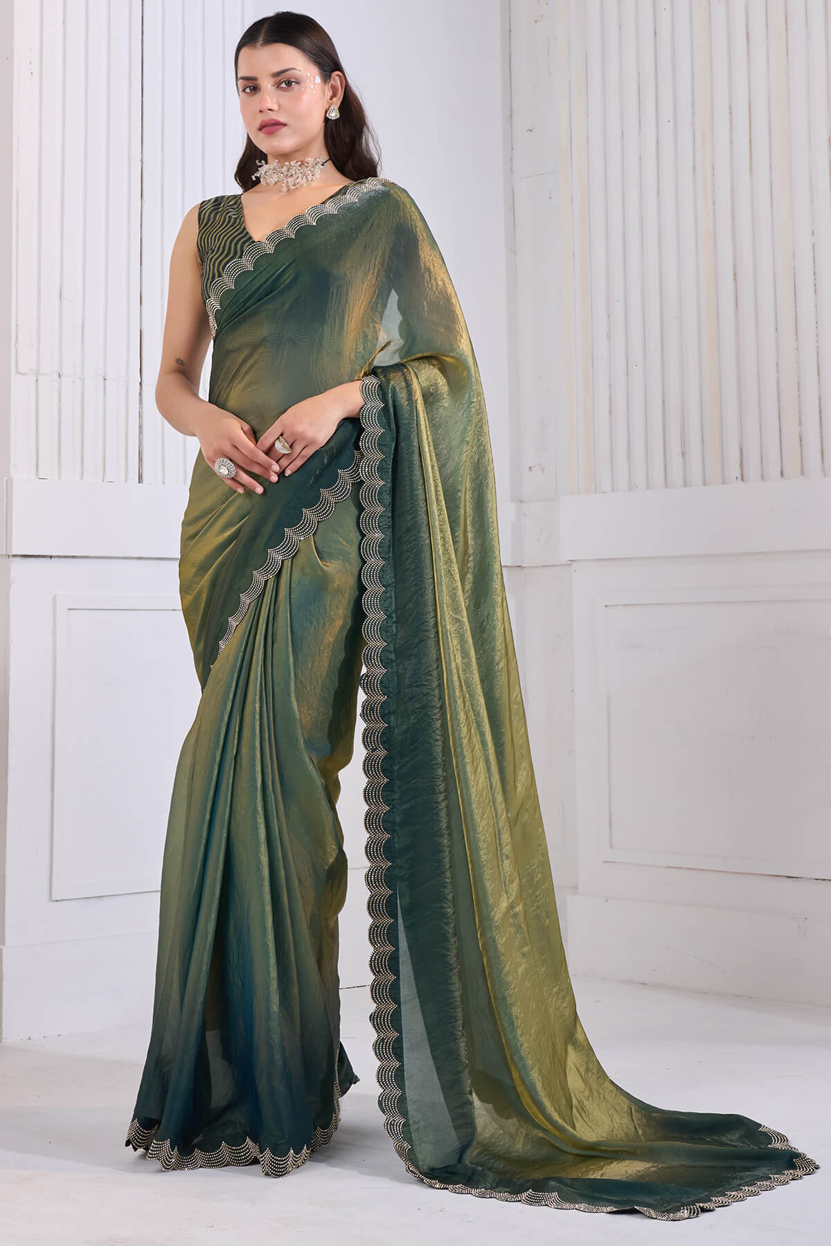 Stylish Green Jarkan Work Fandy Silk Saree