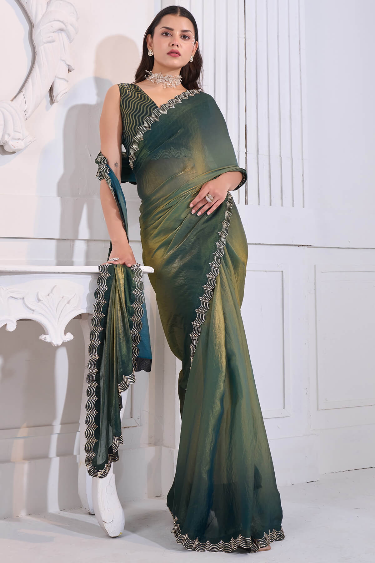Stylish Green Jarkan Work Fandy Silk Saree