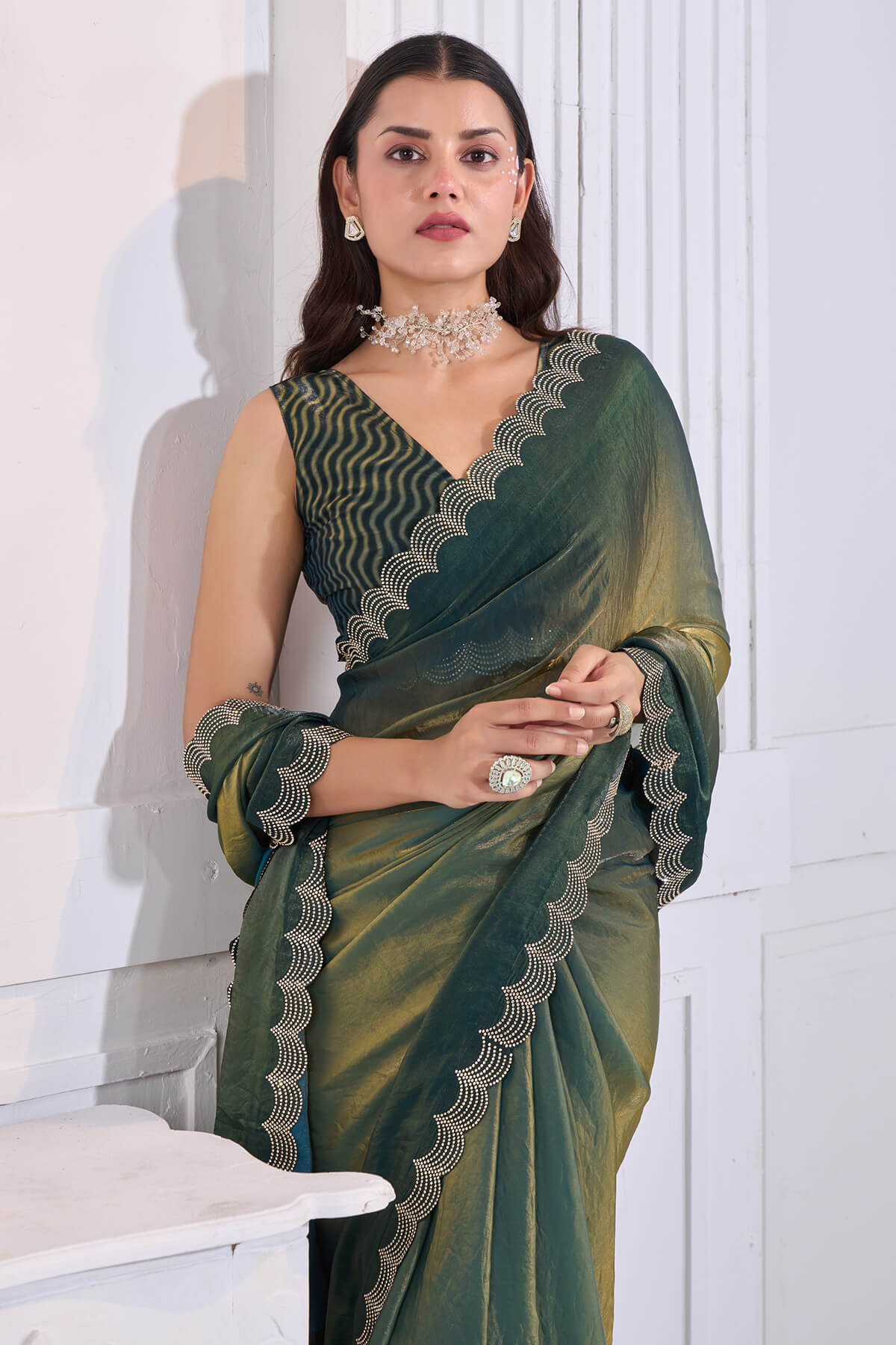 Stylish Green Jarkan Work Fandy Silk Saree