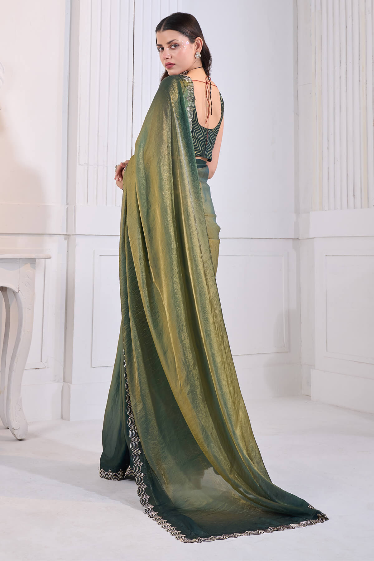 Stylish Green Jarkan Work Fandy Silk Saree