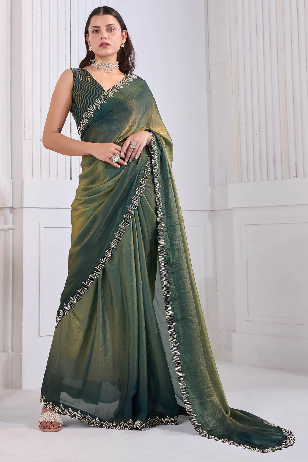Stylish Green Jarkan Work Fandy Silk Saree