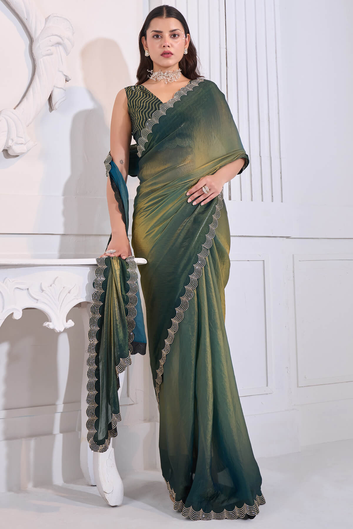 Stylish Green Jarkan Work Fandy Silk Saree
