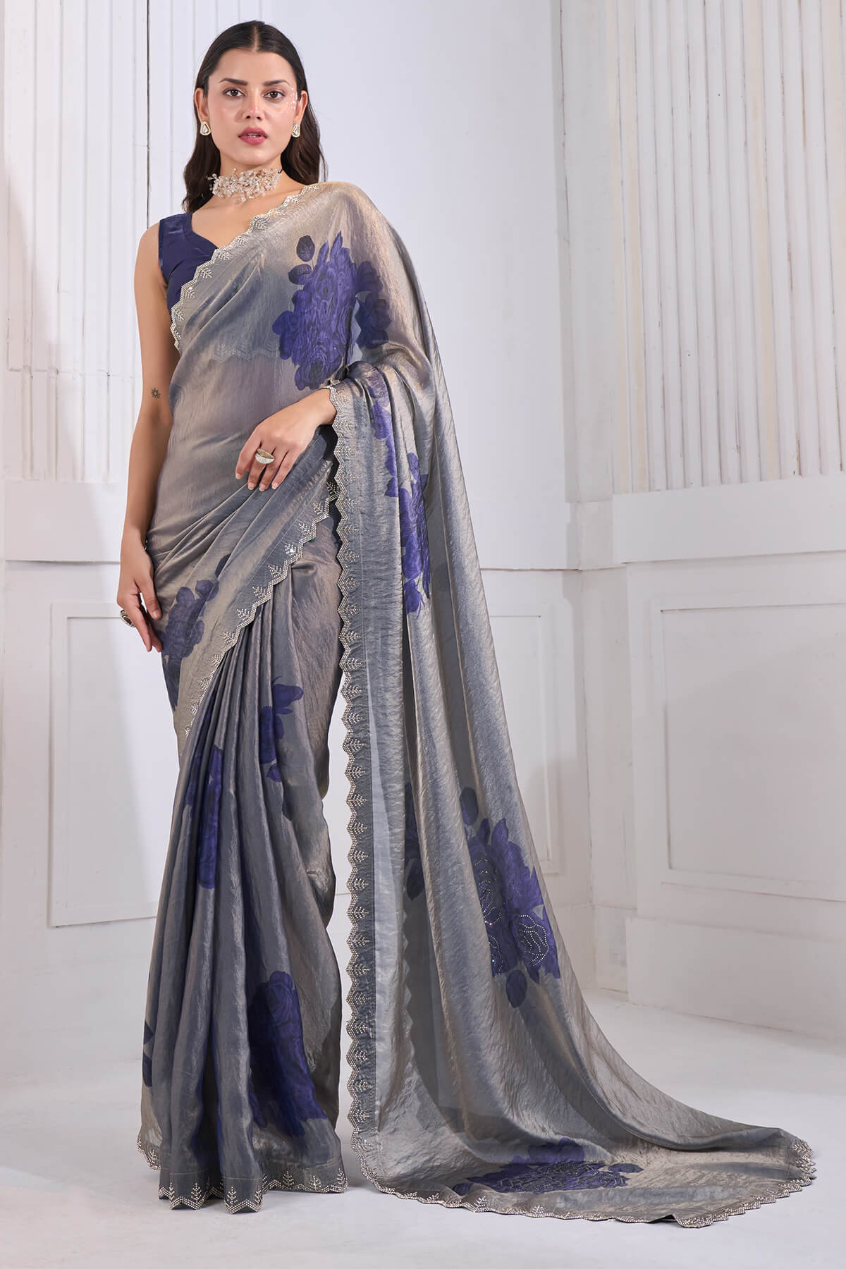 Beautiful Blue Jarkan Work Fandy Silk Saree
